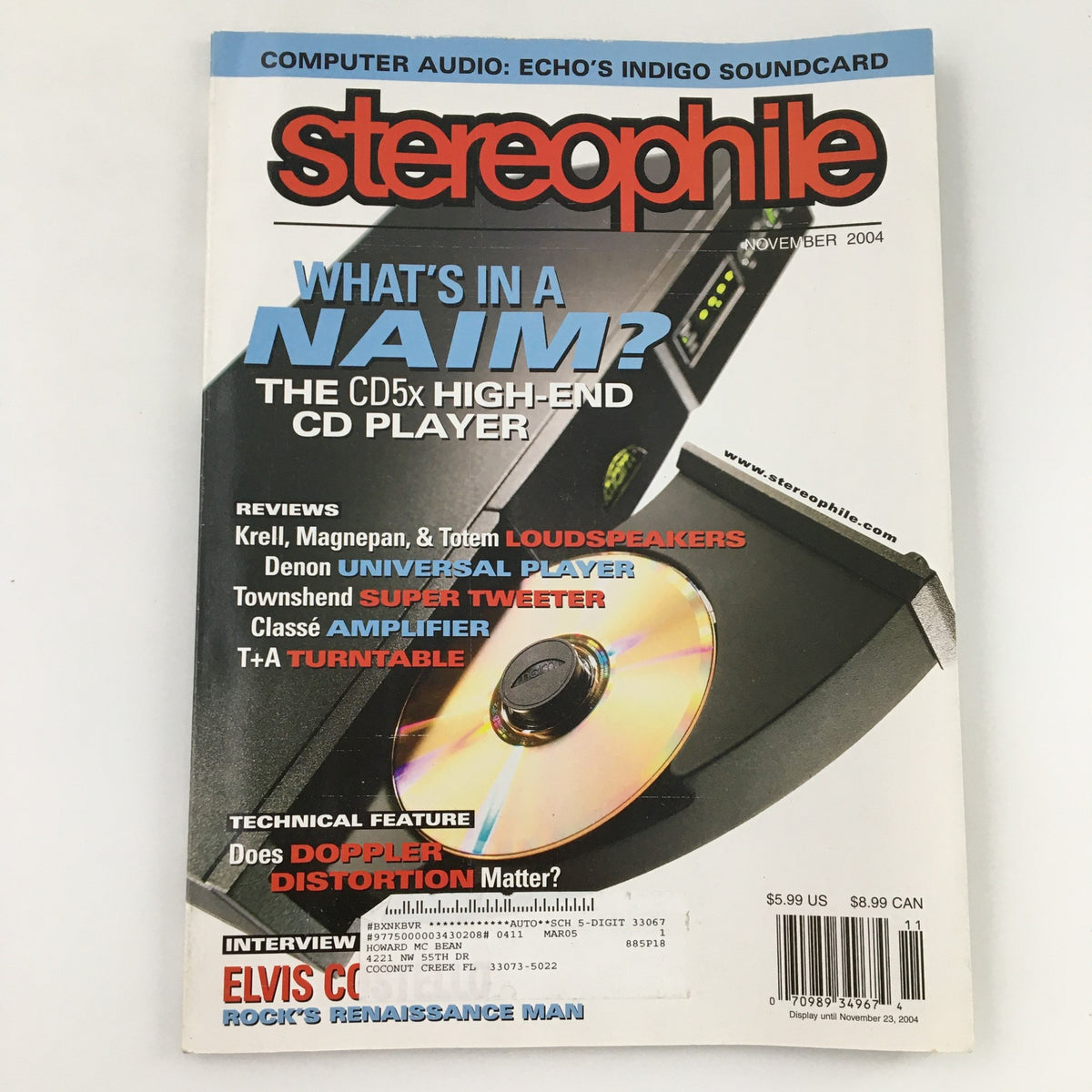 Cover of the November 2004 issue of Stereophile Magazine featuring Elvis Costello, titled 'Rock's Renaissance Man'.