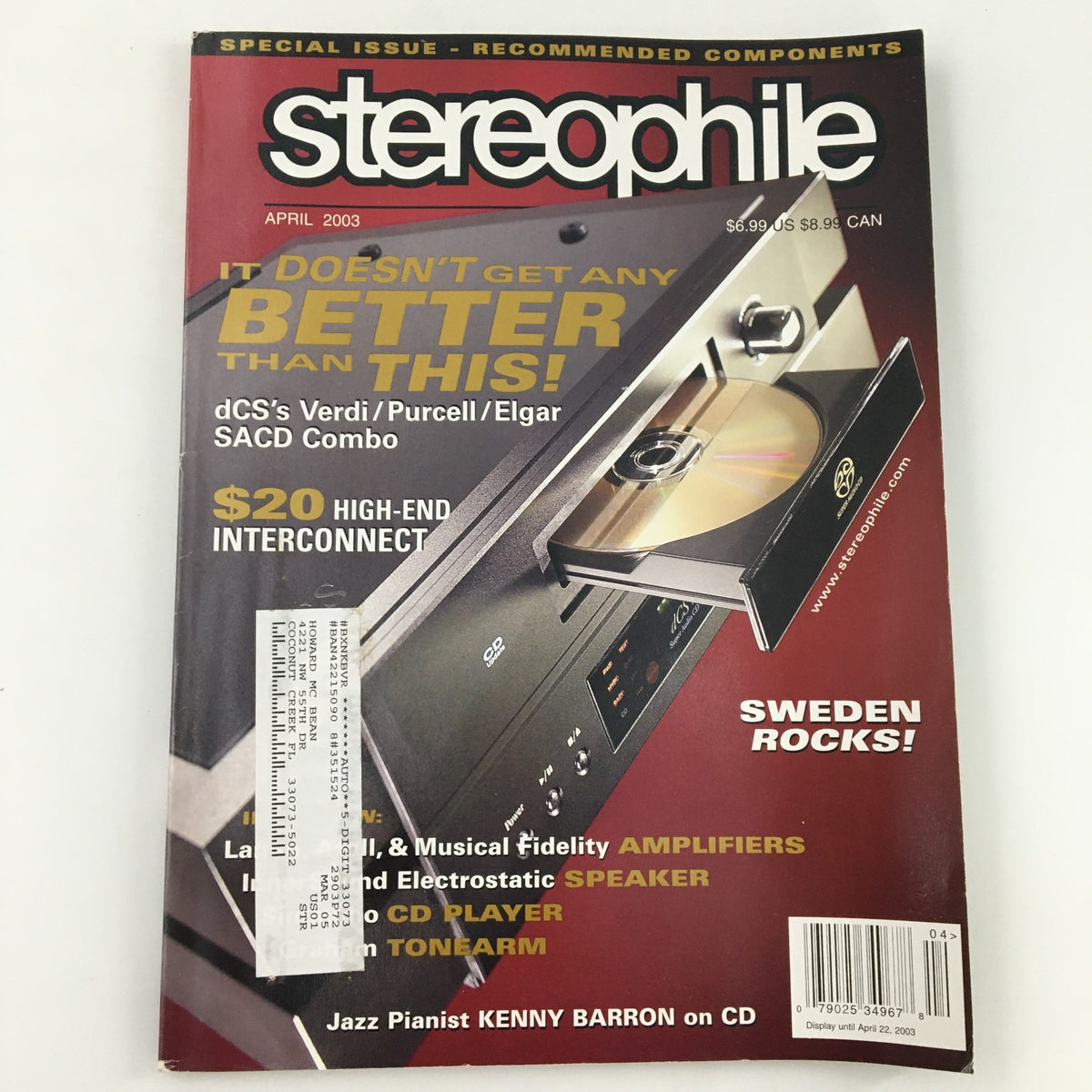 Stereophile Magazine April 2003 featuring jazz pianist Kenny Barron on CD cover. The magazine showcases high-end audio components and articles related to music.
