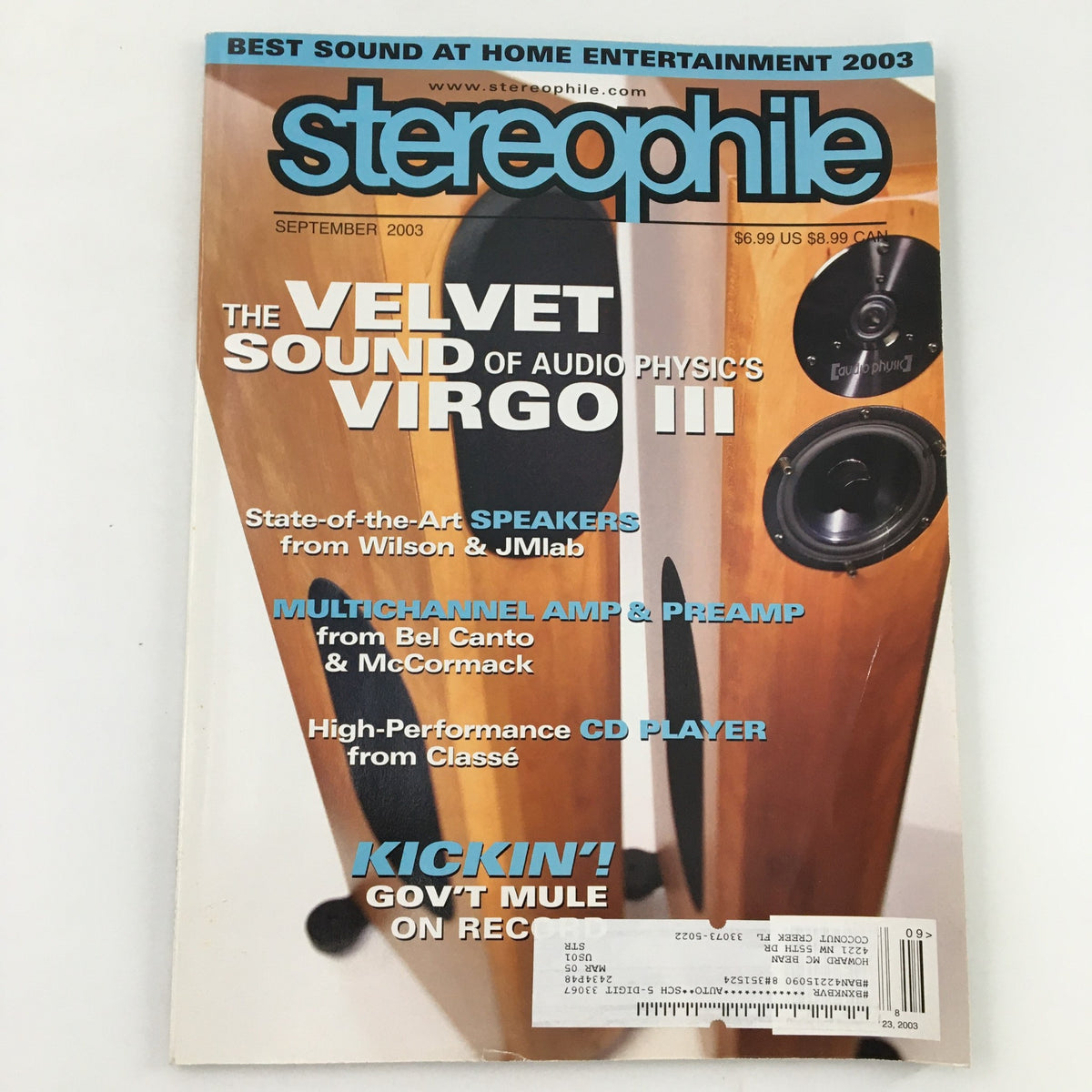 Cover of Stereophile Magazine from September 2003 featuring a review of the multichannel amplifier and preamp from McCormack. The magazine also highlights audio equipment, including the Velvet Sound of Audio Physics' Virgo III speakers.