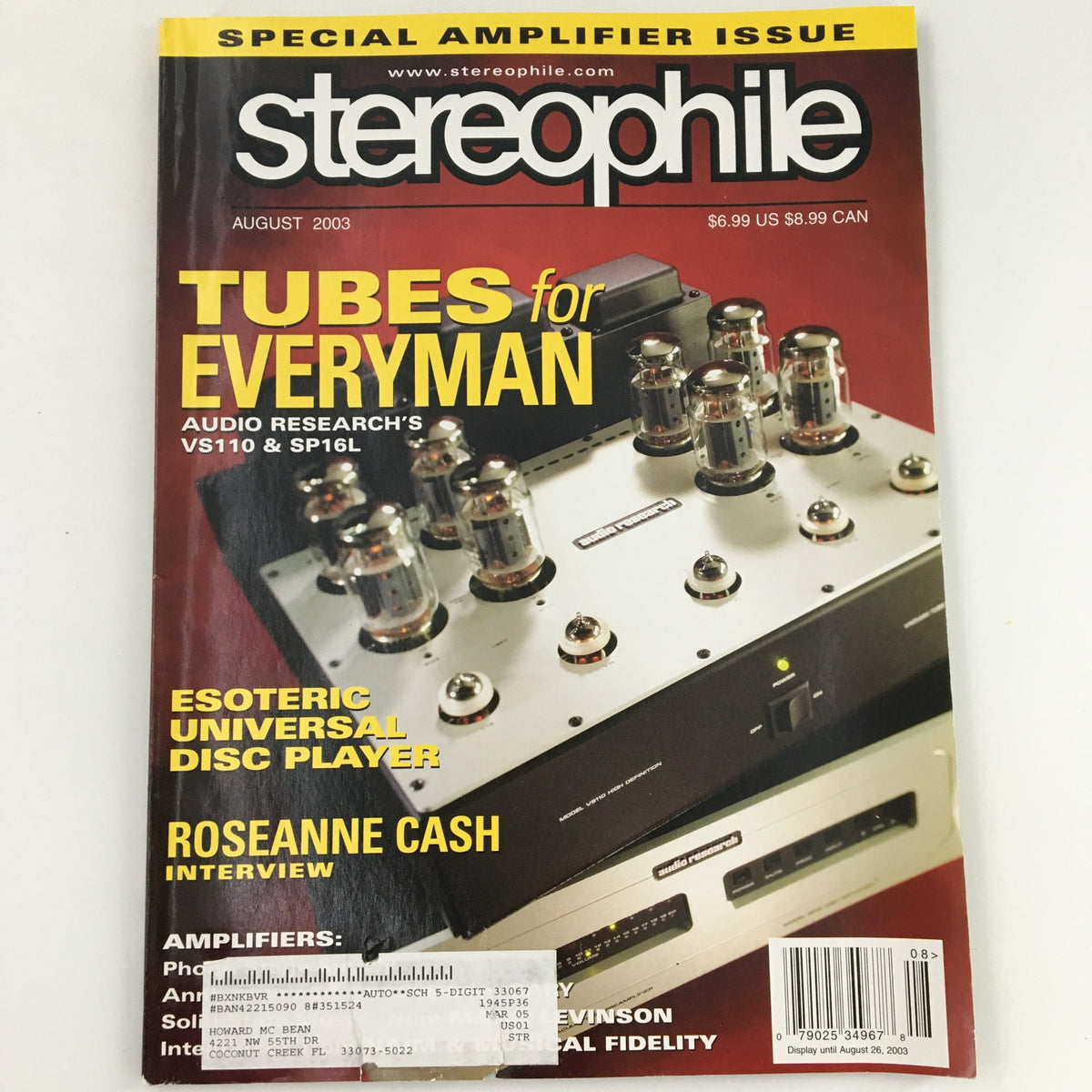 Cover of Stereophile Magazine August 2003 featuring an interview with singer-songwriter Rosanne Cash alongside audio equipment imagery and the headline 'TUBES for EVERYMAN'.