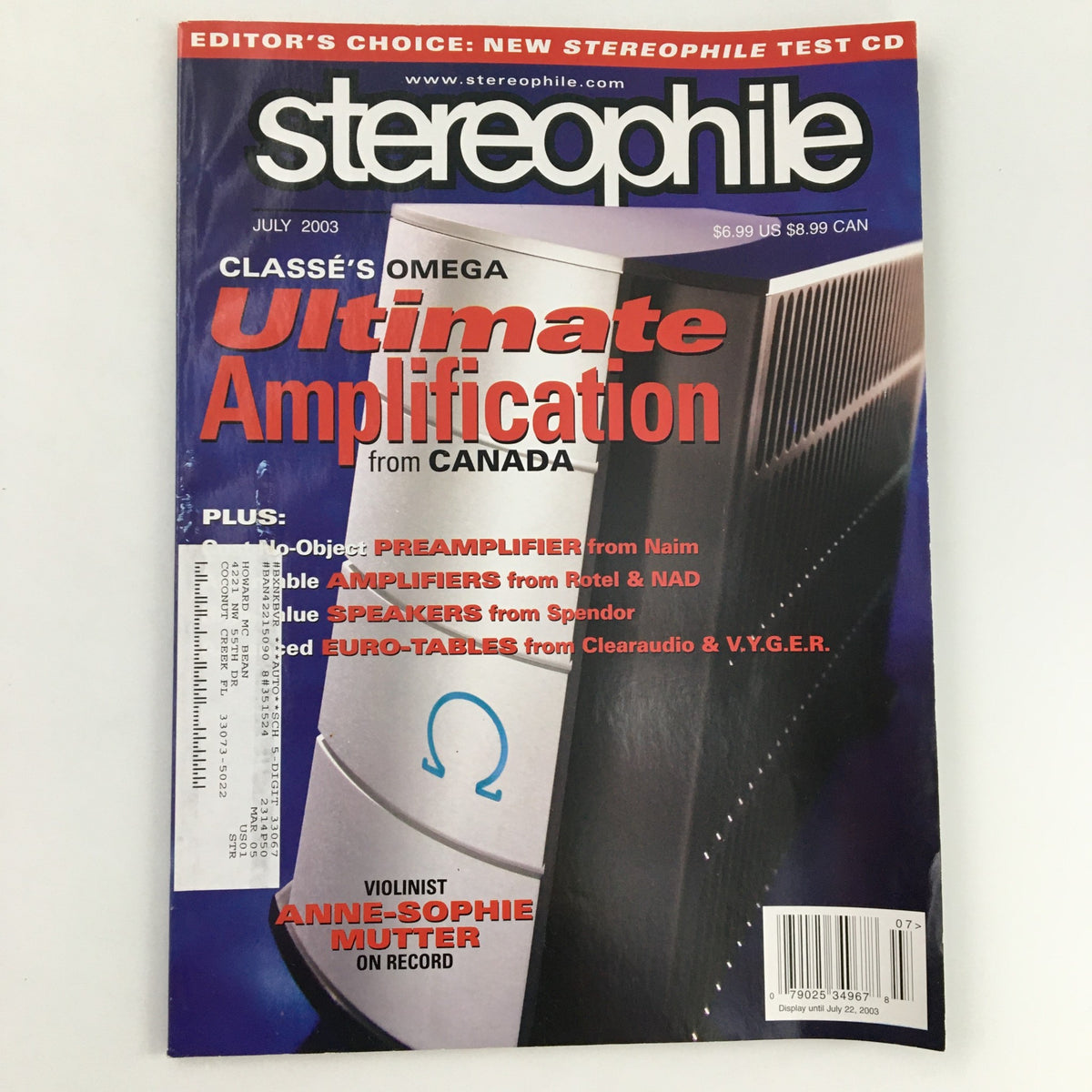 Cover of Stereophile Magazine July 2003 featuring a feature on violinist Anne-Sophie Mutter, highlighting topics related to classical music and audio equipment.