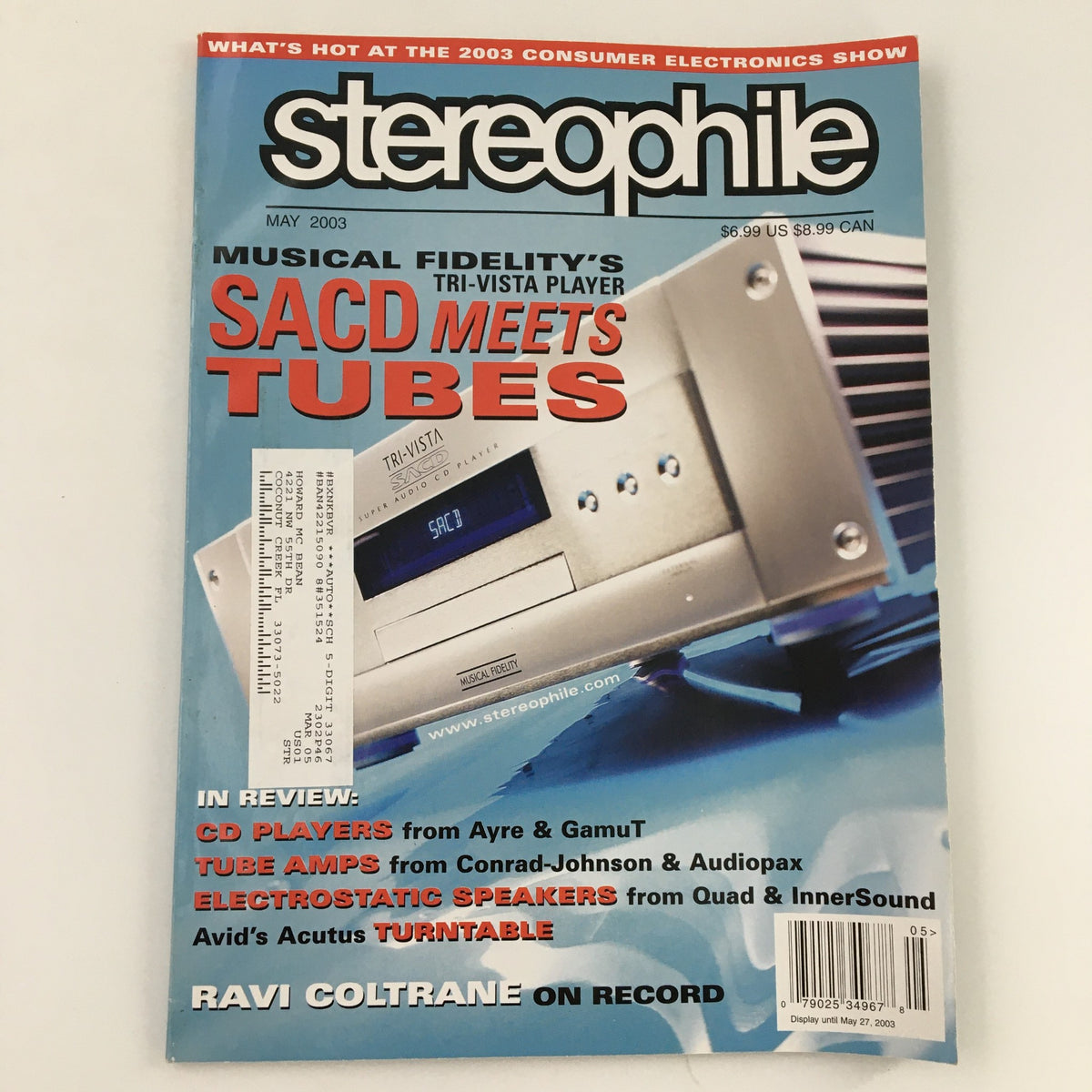 Cover of Stereophile Magazine May 2003 featuring American saxophonist Ravi Coltrane on record, highlighting vintage music history and jazz culture.