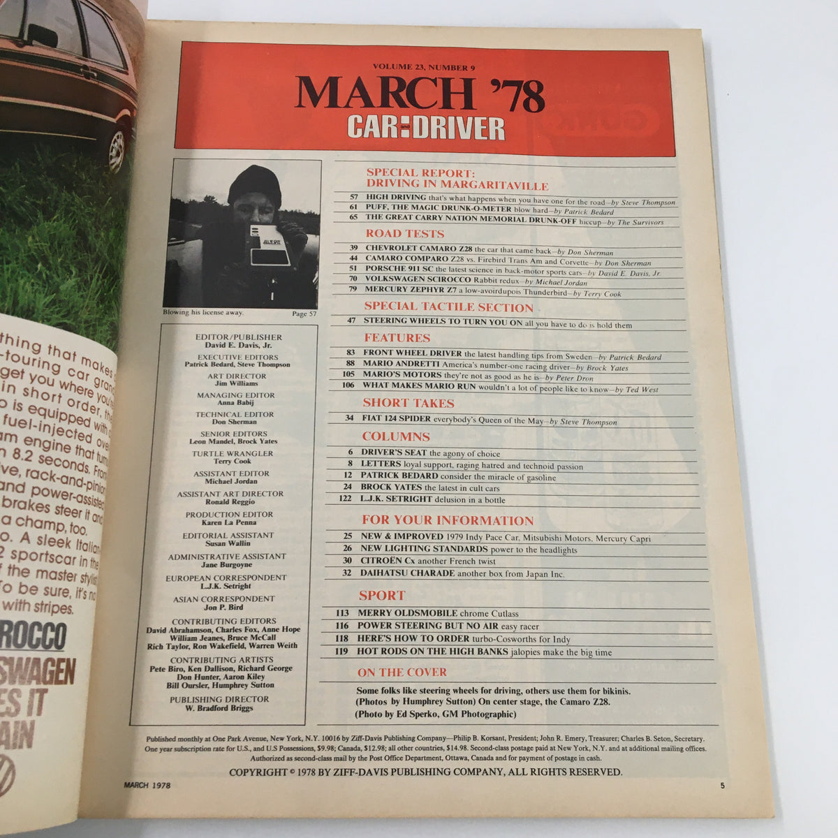 Interior page of Car and Driver Magazine March 1978 displaying the table of contents, highlighting articles on Camaro Z28, performance cars, and automotive features.