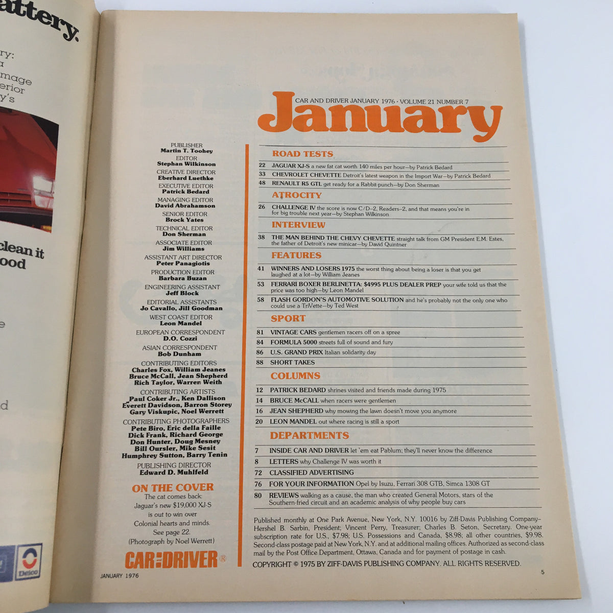 Contents page of Car and Driver Magazine January 1976, detailing road tests including the Jaguar XJ-S, with list of articles and features that highlight the automotive innovations and trends of the time.