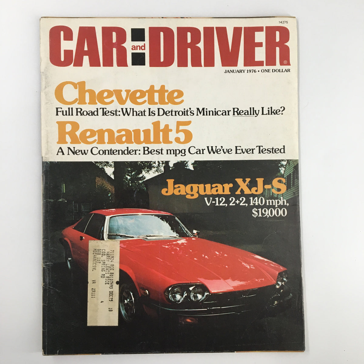 Cover of VTG Car and Driver Magazine January 1976 featuring articles on the Chevette and Renault 5, showcasing a red Jaguar XJ-S and highlighting its specifications.