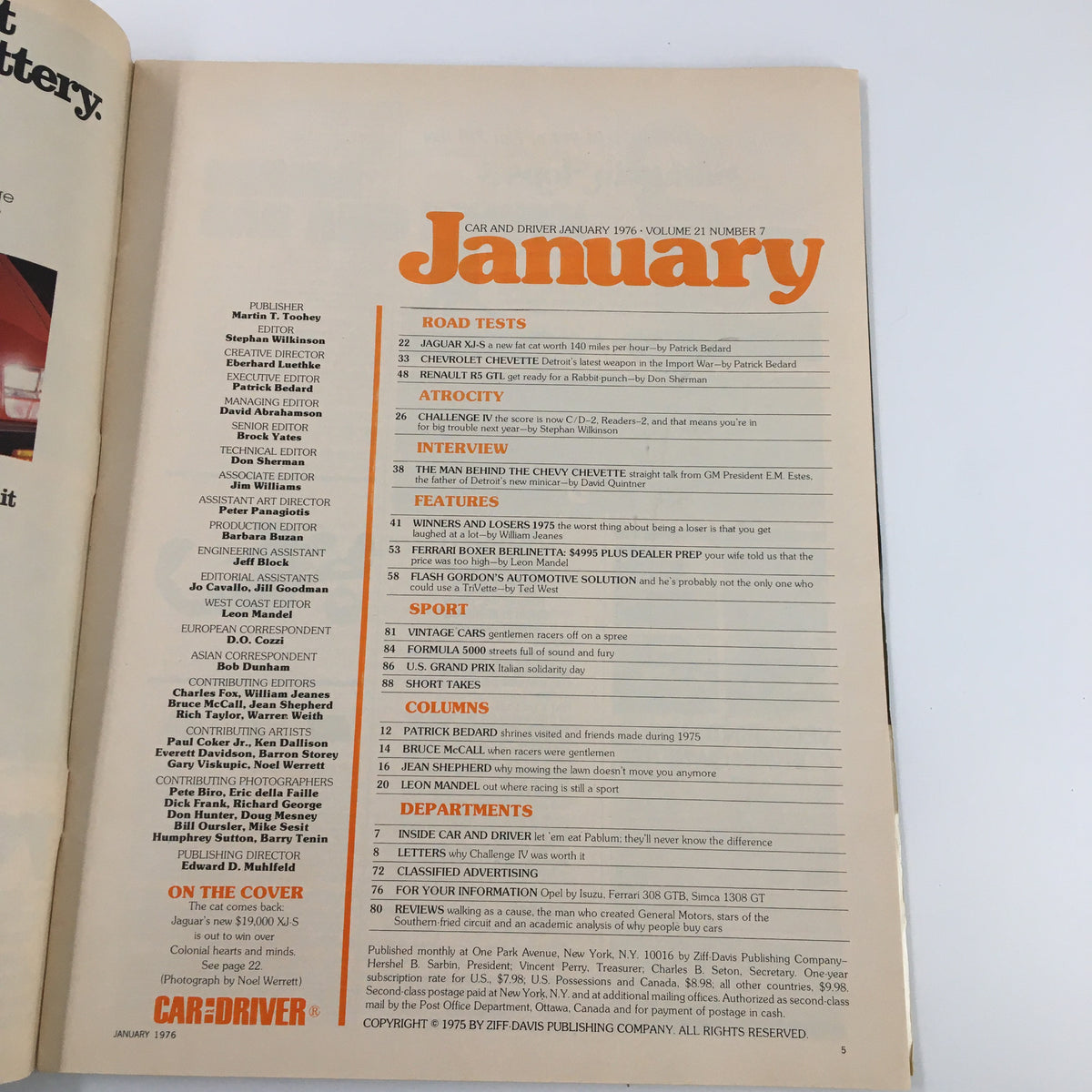 Inside page of VTG Car and Driver Magazine January 1976 displaying the contents with a focus on road tests, features, and the magazine's editorial lineup.