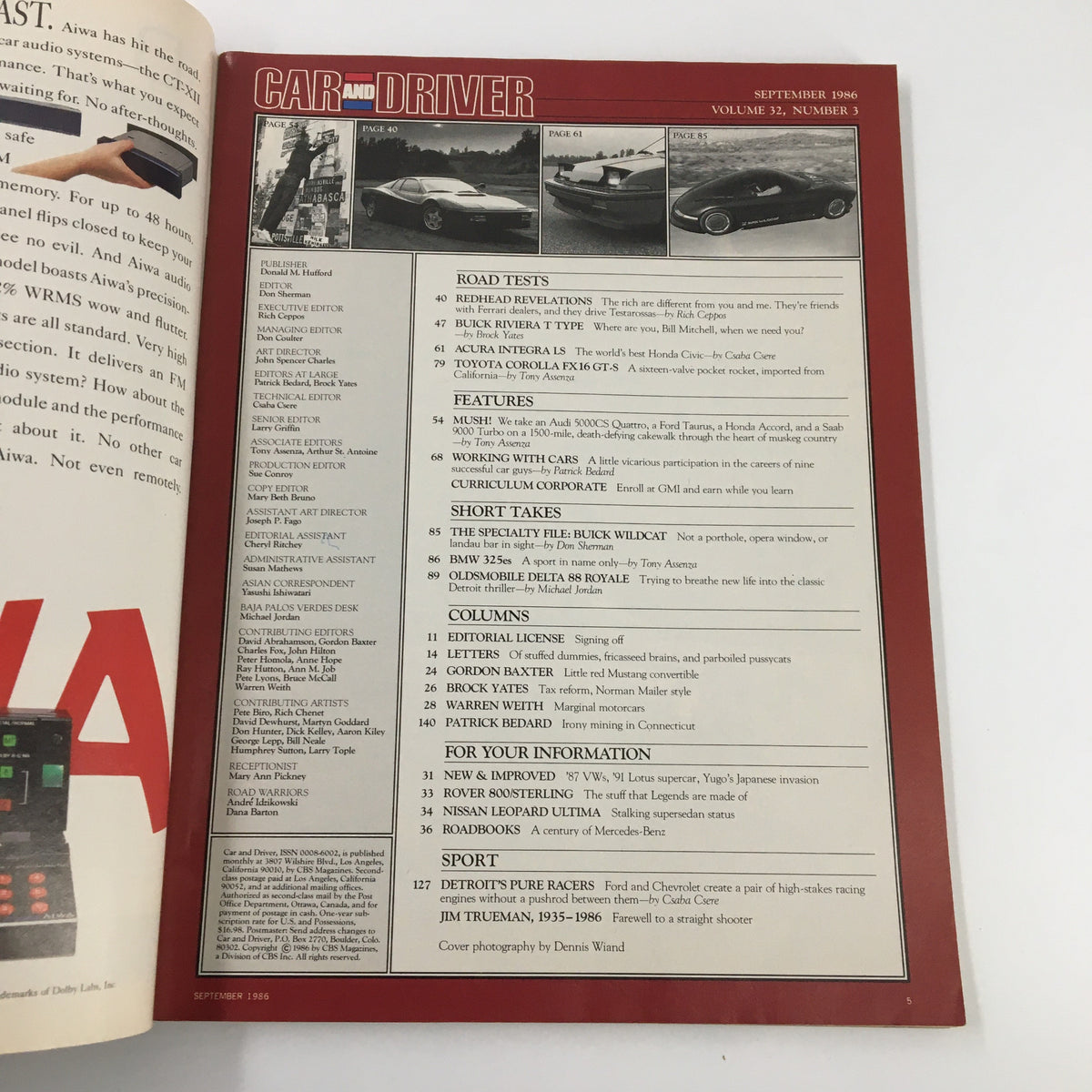 Car and Driver Magazine September 1986 featuring the editorial page with a table of contents highlighting reviews and articles on automotive topics including Acura Integra and Honda models.