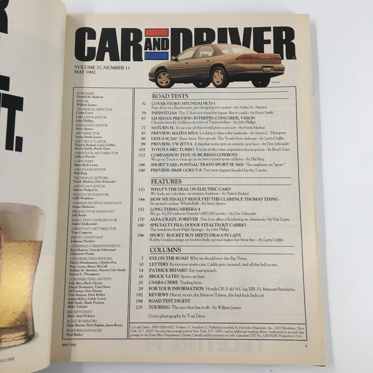 Interior page from Car and Driver Magazine May 1992 showing the table of contents with featured articles including road tests and reviews of various vehicles.