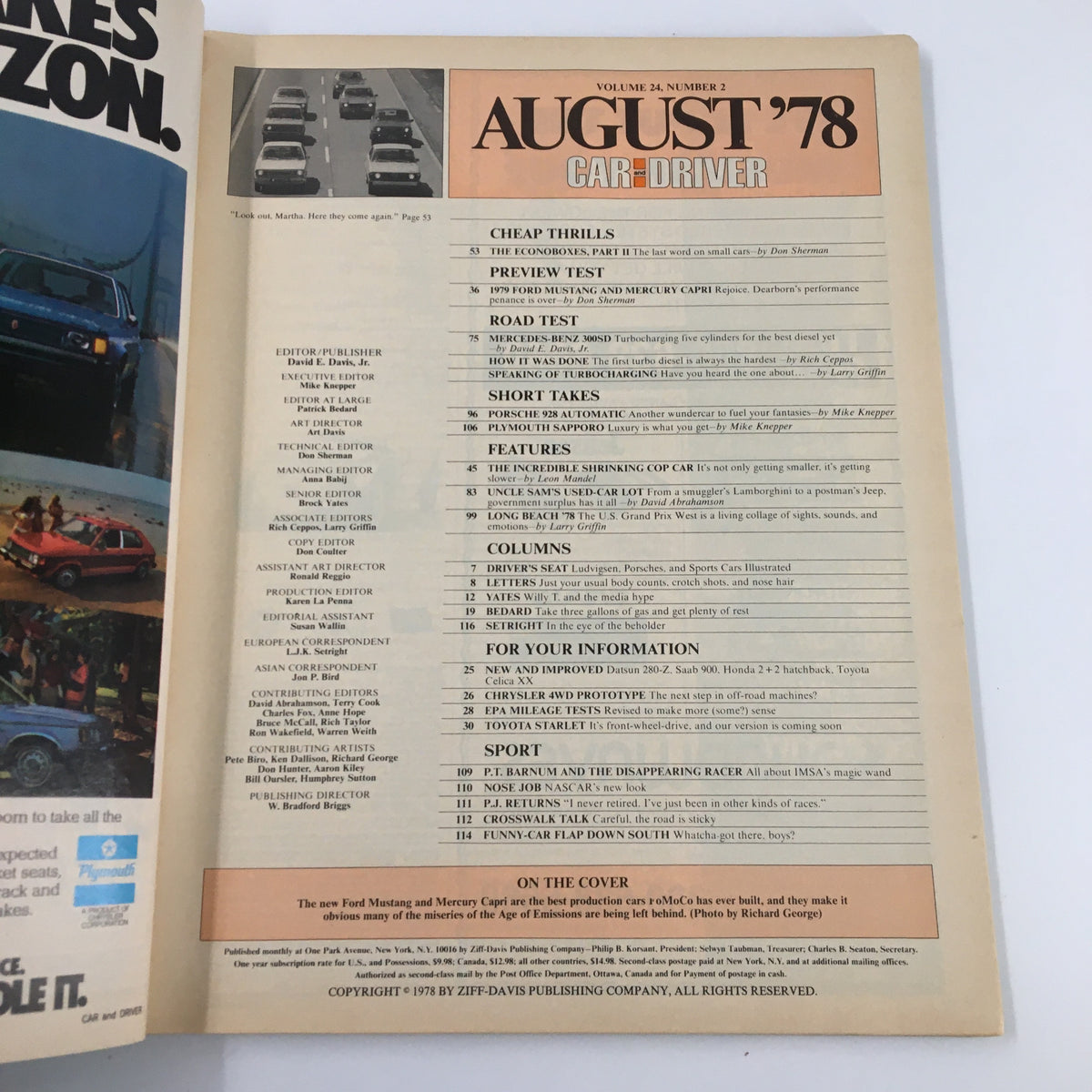Inside page of VTG Car and Driver Magazine August 1978 displaying the table of contents and feature articles related to automotive topics.