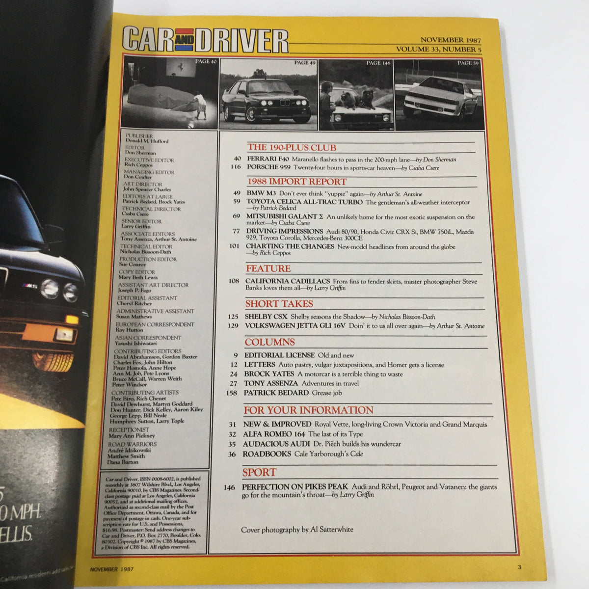 Car and Driver magazine November 1987 featuring Ferrari F40 on the cover, showcasing articles and content index highlighting automotive performance and sports cars.