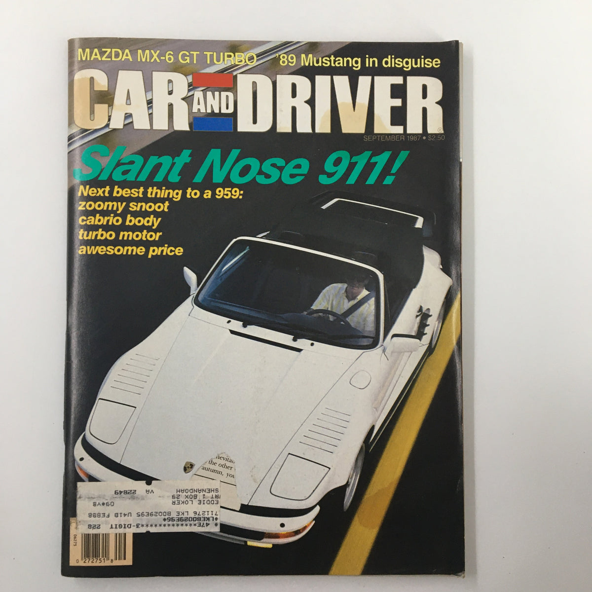 Cover of VTG Car and Driver Magazine September 1987 featuring Slant Nose 911 and Mazda MX-6 GT Turbo, showcasing classic car designs and automotive culture.