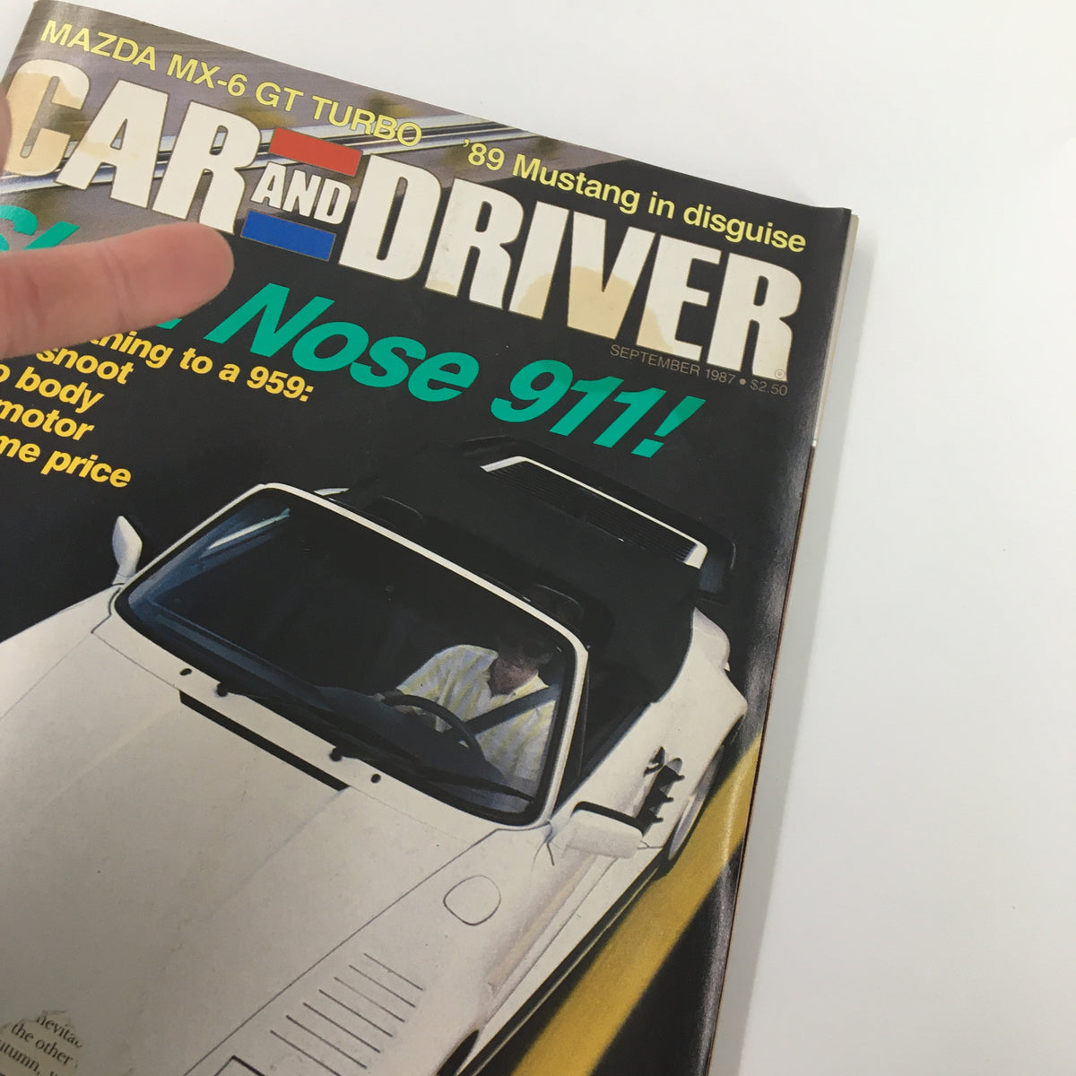 Close-up of the VTG Car and Driver Magazine September 1987 cover, highlighting Slant Nose 911 and Mazda MX-6 GT Turbo with additional features.