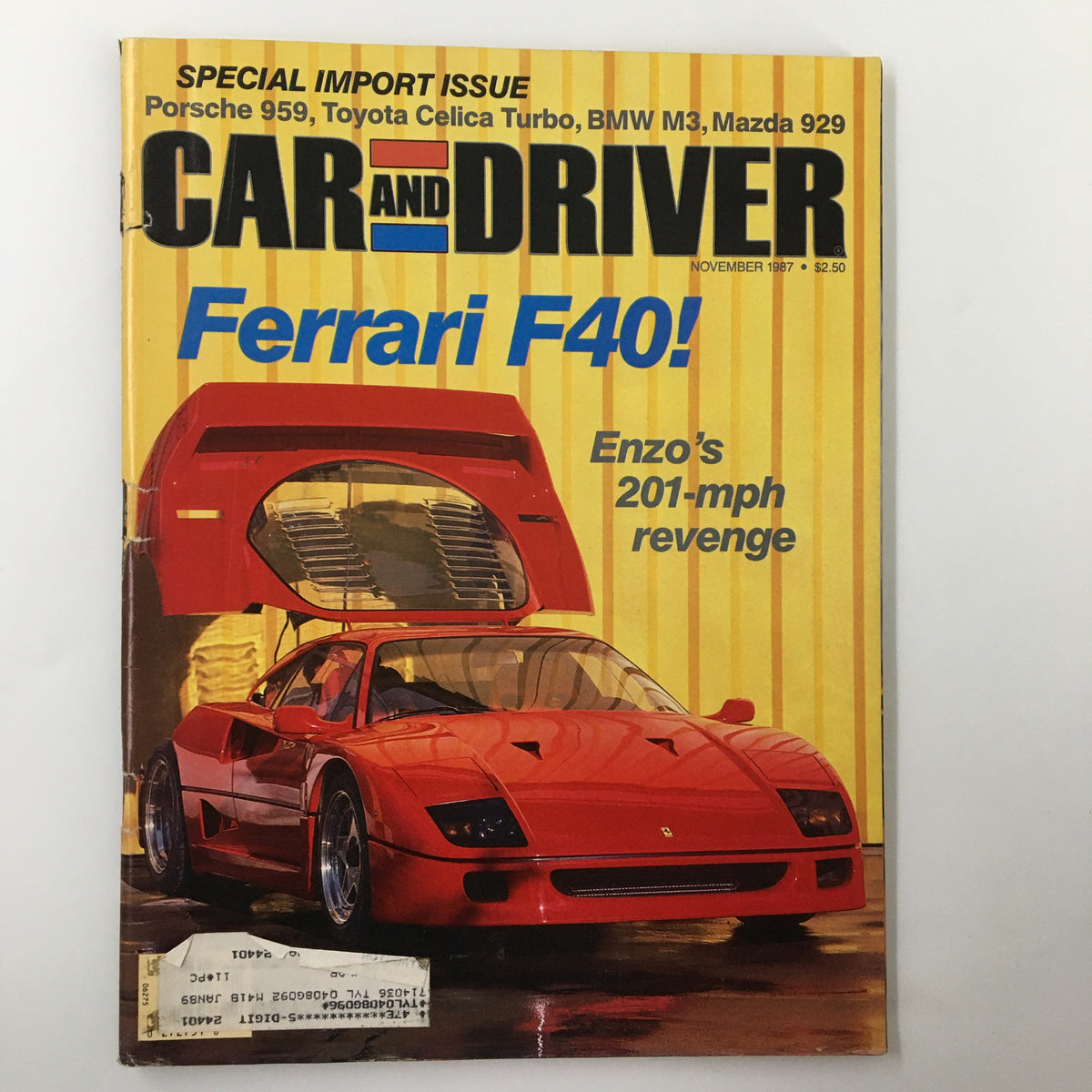 Cover of Car and Driver Magazine November 1987 featuring the Ferrari F40, Porsche 959, Toyota Celica Turbo, BMW M3, and Mazda 929, showcasing automotive advancements and culture of the late 1980s.