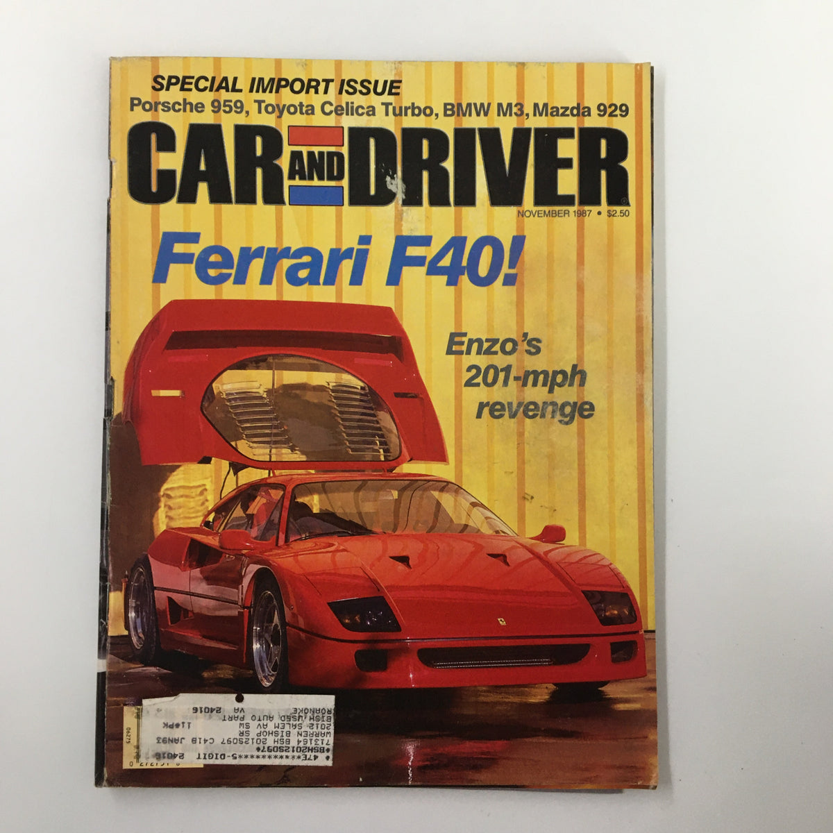 Cover of Car and Driver Magazine November 1987 featuring Ferrari F40, BMW M3, and Mazda 929, highlighting special import cars.