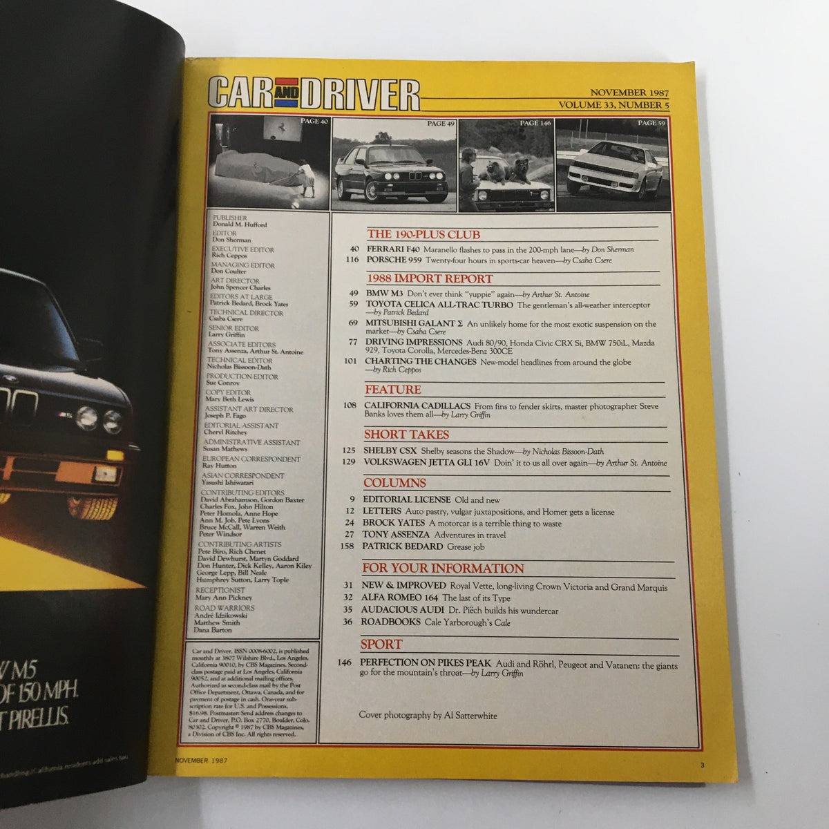 Interior page of Car and Driver Magazine November 1987 listing contents including articles on BMW M3 and special import cars.