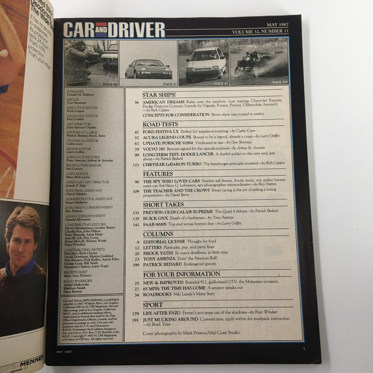 Inside page of VTG Car and Driver Magazine May 1987 displaying table of contents, including features on Dodge Daytona, Acura Legend Coupe, and Chrysler LeBaron Turbo.