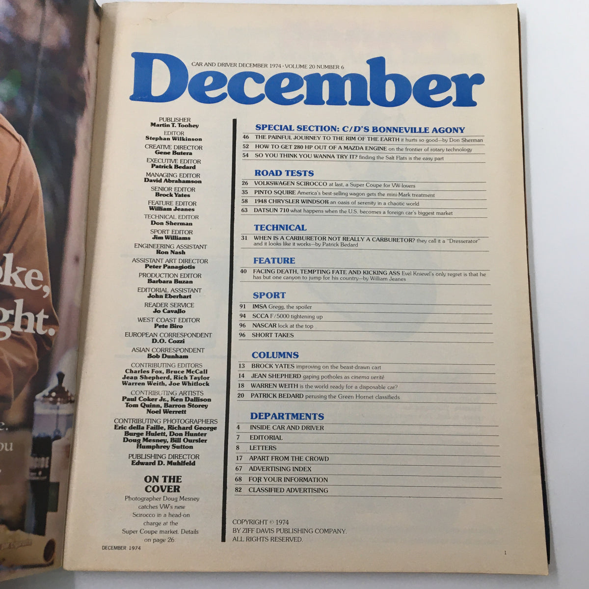 Interior page from the December 1974 Car and Driver magazine featuring the table of contents, showcasing sections such as 'Road Tests', 'Technical', and 'Feature', relevant to automotive enthusiasts and collectors.