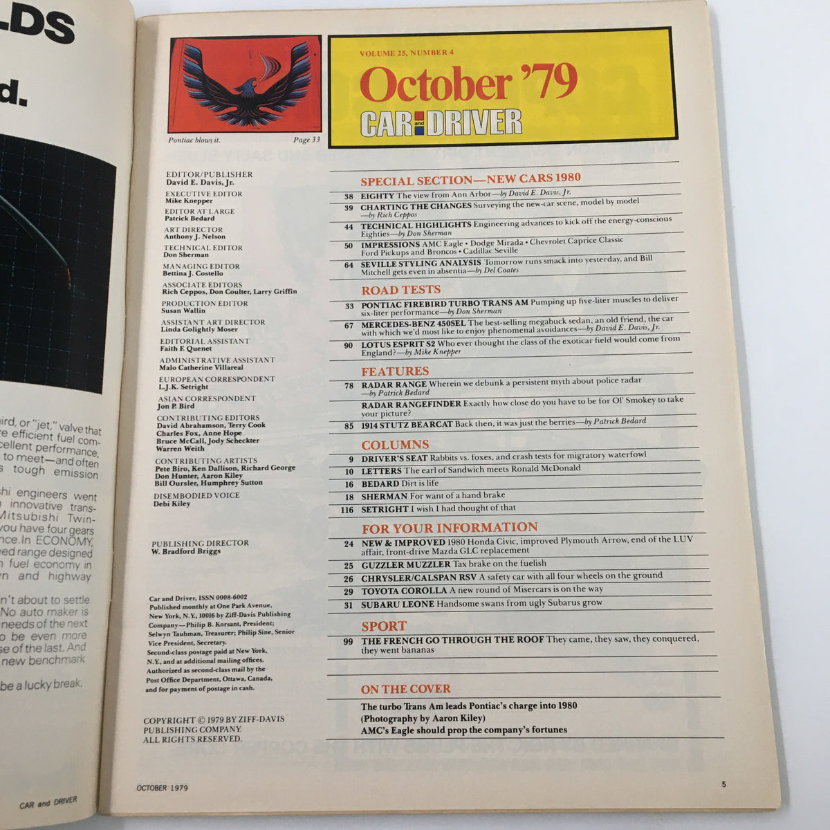 Content layout of Car and Driver Magazine, October 1979, showcasing articles including AMC 4WD Eagle and Turbo Time at Pontiac.