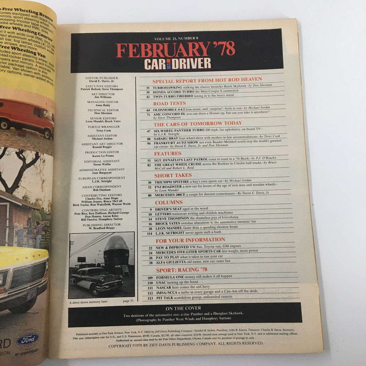 Inside page of the February 1978 Car and Driver magazine showing the table of contents, featuring articles on automotive trends, vehicle tests, and featured cars.
