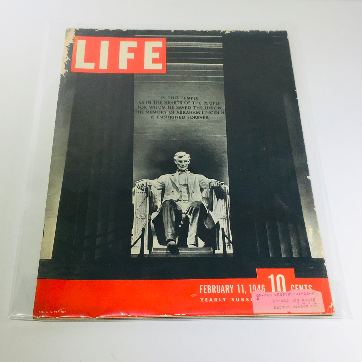 Vintage Life Magazine cover from February 11, 1946, featuring the Abraham Lincoln Memorial and the title 'LIFE' prominently displayed.