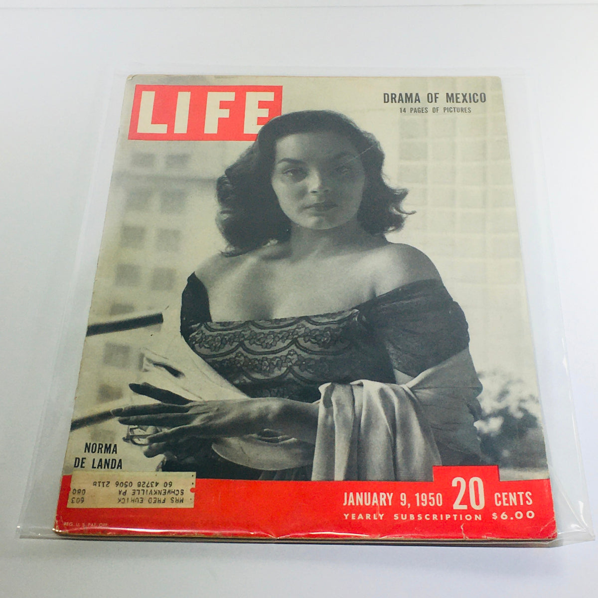Cover of VTG Life Magazine from January 9, 1950, featuring Norma De Landa with the headline 'Drama of Mexico'. This vintage magazine showcases a historical glimpse into the 1950s culture and includes striking graphics.