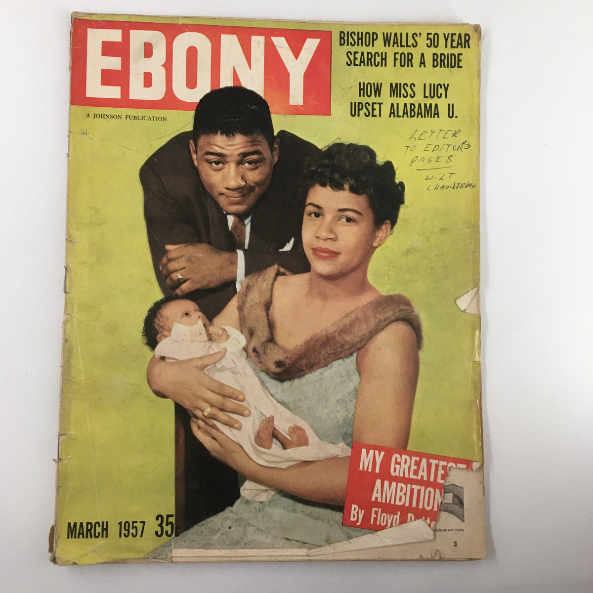 Cover of VTG Ebony Magazine March 1957, featuring a man and woman holding a baby, along with text 'How Miss Lucy Upset Alabama U' and other featured articles.
