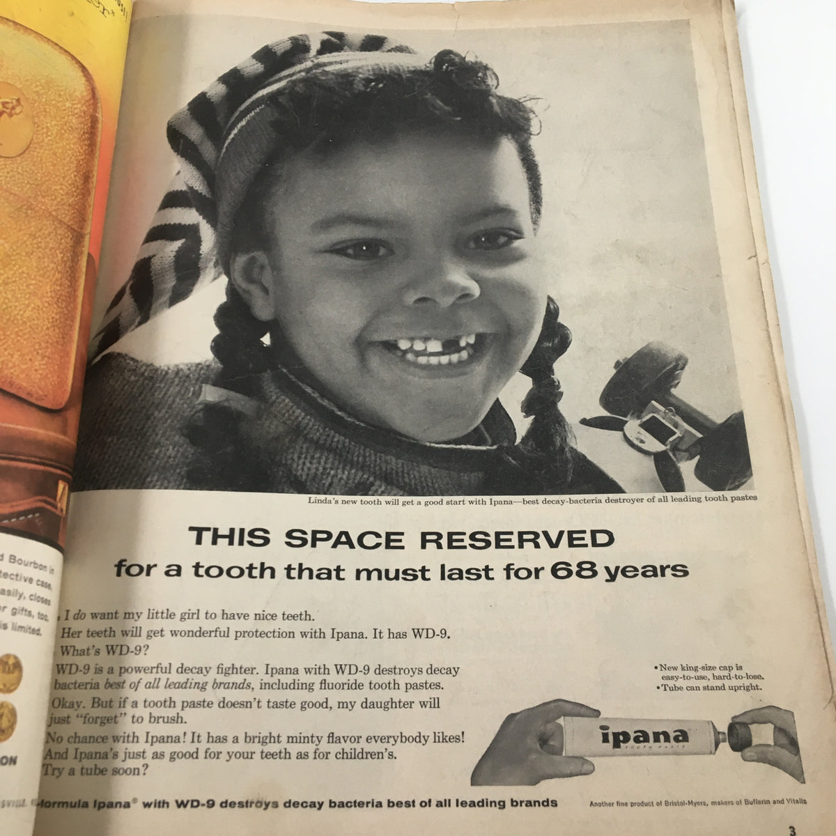 Interior page of VTG Ebony Magazine March 1957 featuring a smiling young girl with a toy, promoting Ipana toothpaste with the tagline about tooth durability.