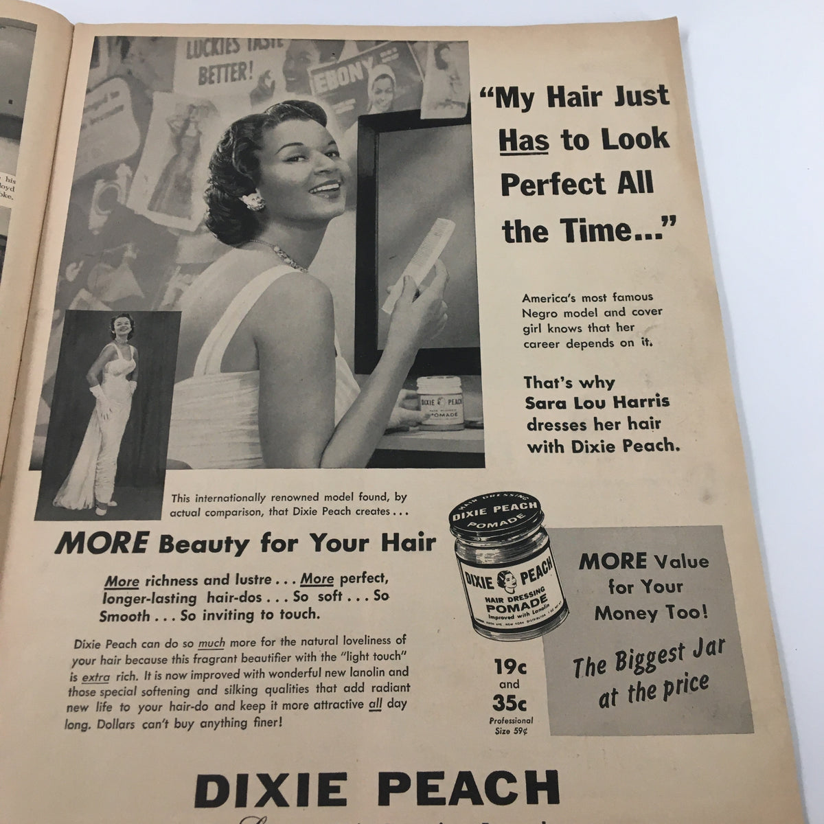 Advertisement for Dixie Peach Pomade in the March 1957 Ebony Magazine, showcasing beauty products specifically designed for African American hair.