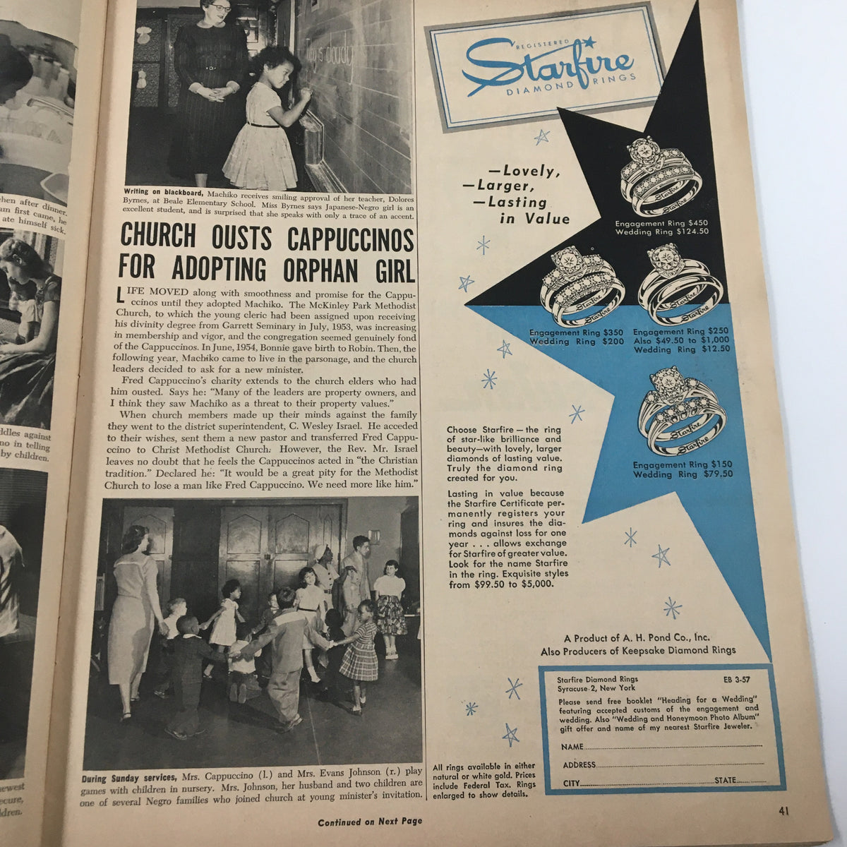 Image of a church and children from the March 1957 Ebony Magazine, illustrating social issues related to adoption and community life.