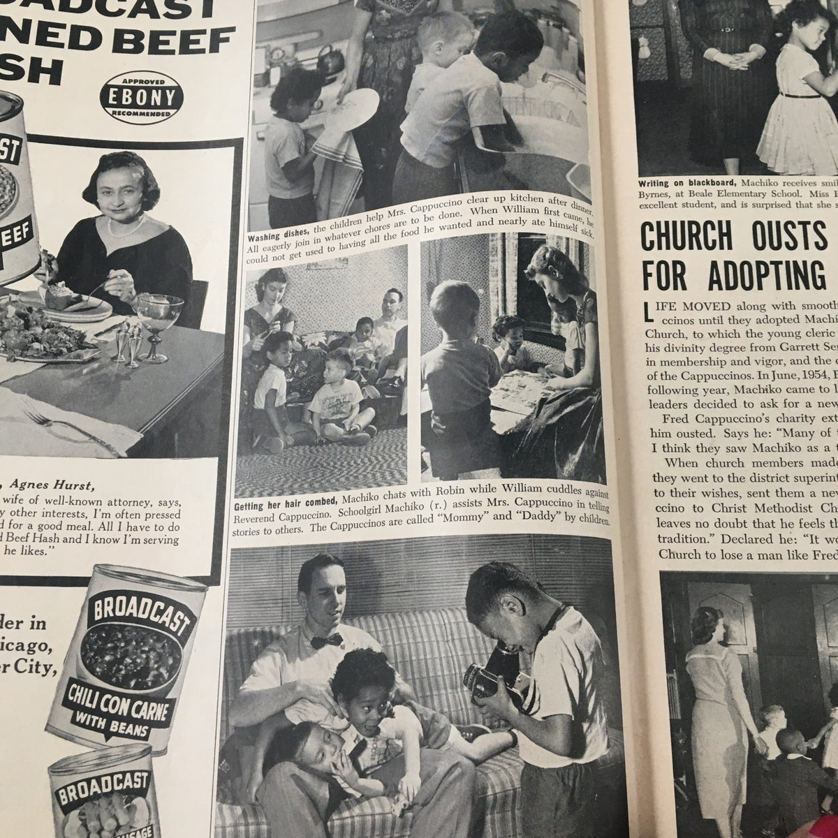 Inside pages of VTG Ebony Magazine March 1957 showcasing family life and dining scenes, highlighting social issues related to African American families.