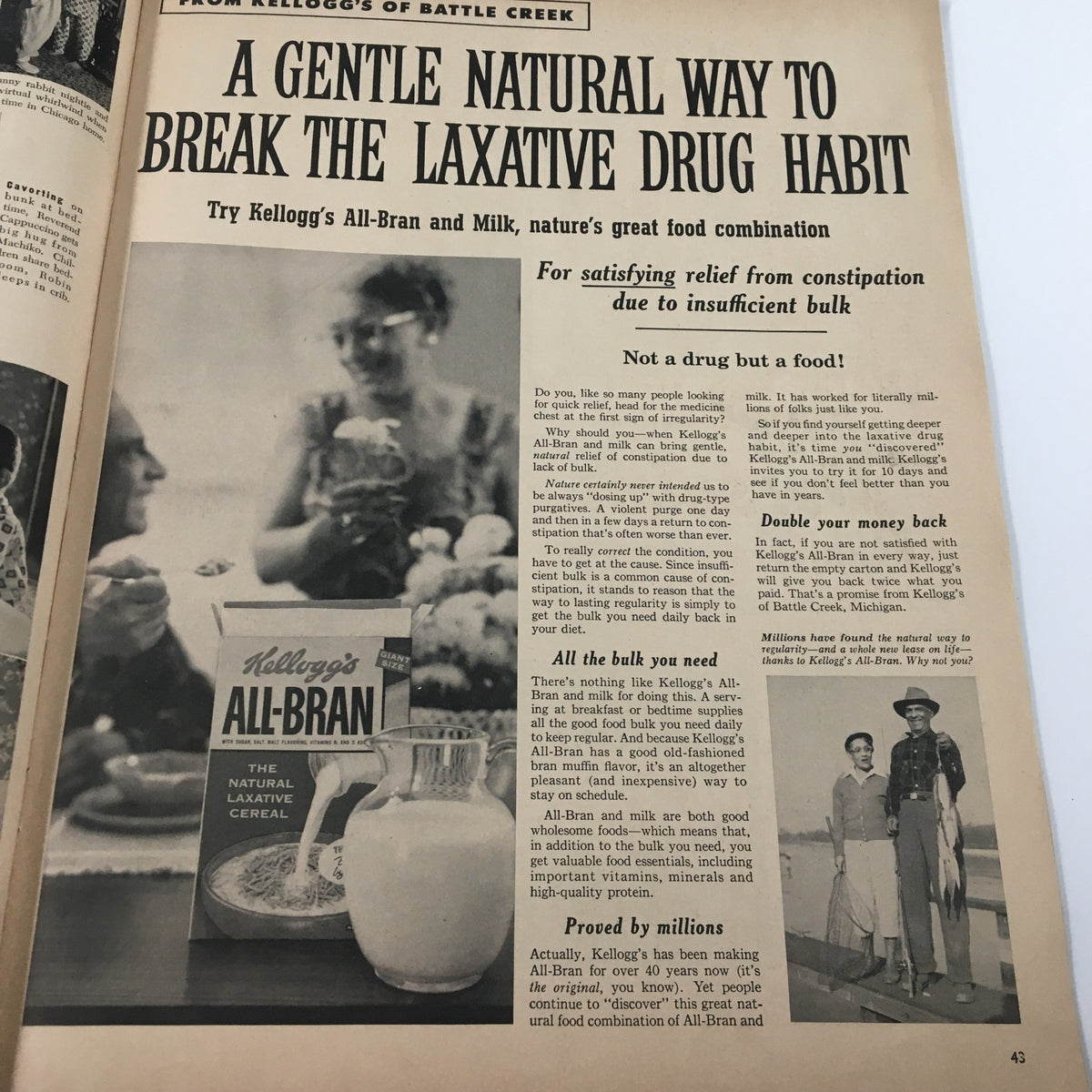Advertorial page from VTG Ebony Magazine March 1957 promoting Kellogg's All-Bran as a natural solution for digestive health, featuring historical food marketing.
