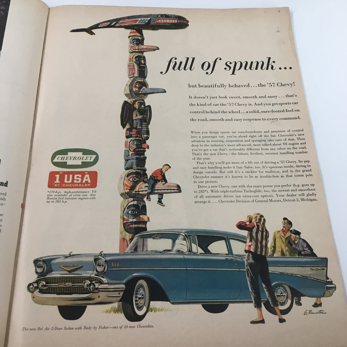 Vintage Chevrolet advertisement from VTG Ebony Magazine March 1957, illustrating the features of the '57 Chevy with artistic visuals.