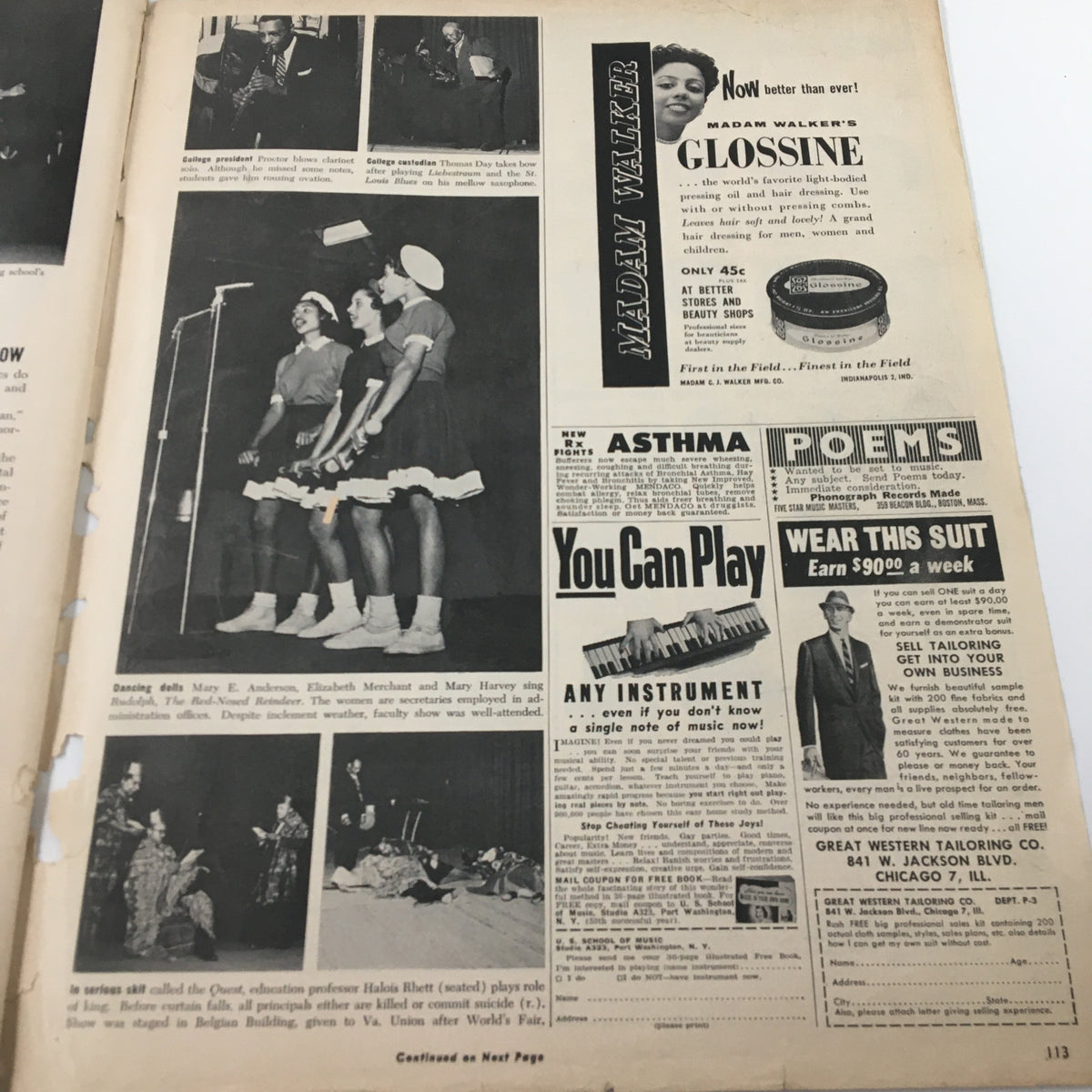 Page from VTG Ebony Magazine March 1957 featuring performance scene with dancers Mary E. Anderson, Elisabeth Merchant, and Mary Harvey, highlighting historical cultural events.