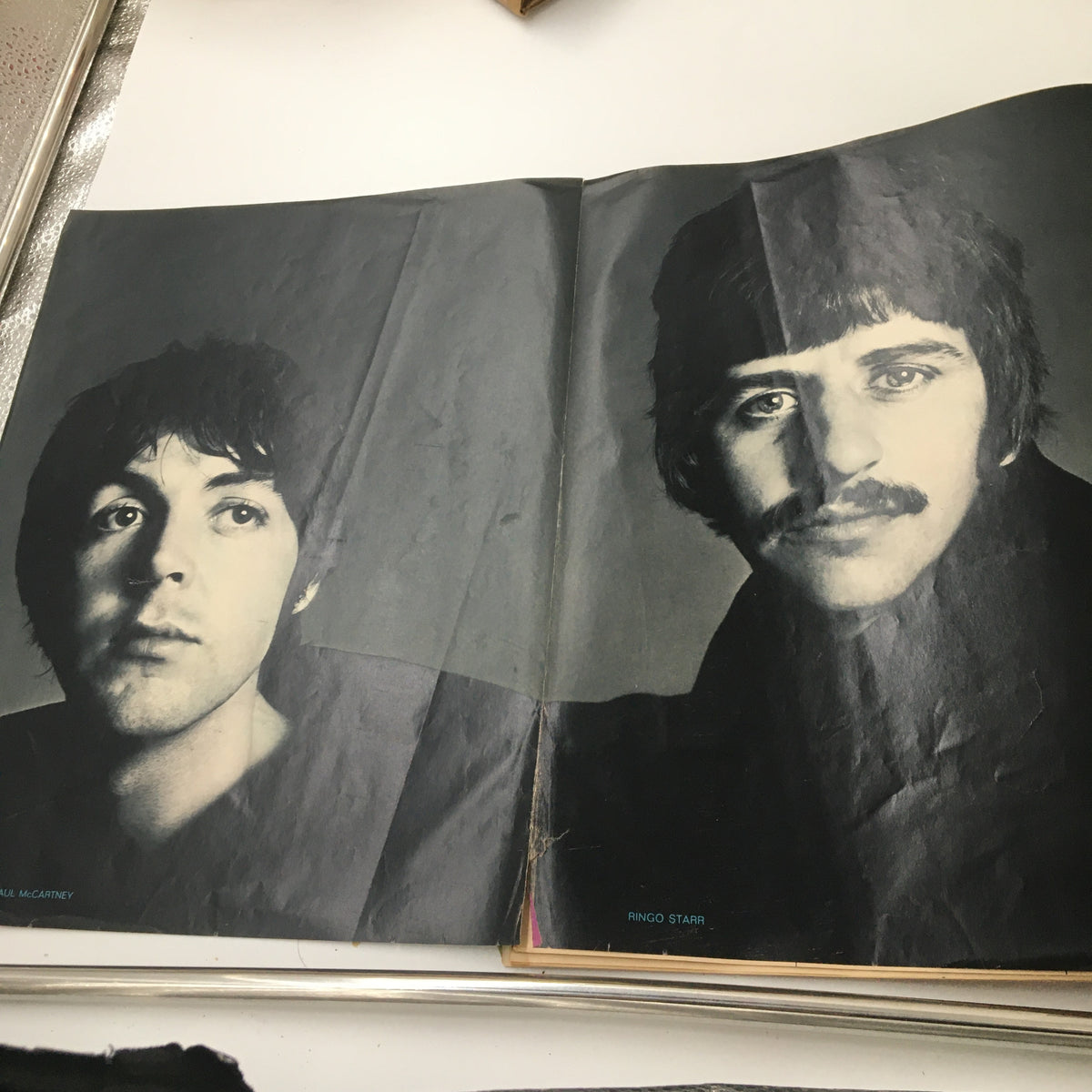 Black and white spread featuring Paul McCartney and Ringo Starr in the VTG Look Magazine January 9 1968, showcasing iconic Beatles portraits.