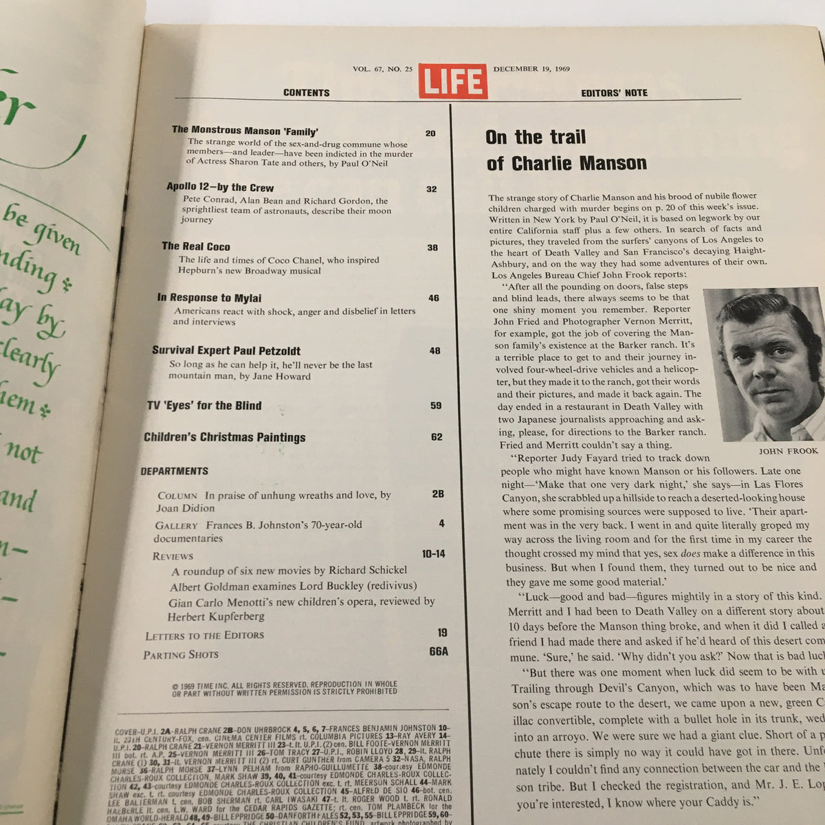 Contents page of VTG Life Magazine December 19 1969 featuring articles on Charlie Manson and American culture, part of a collector's item.