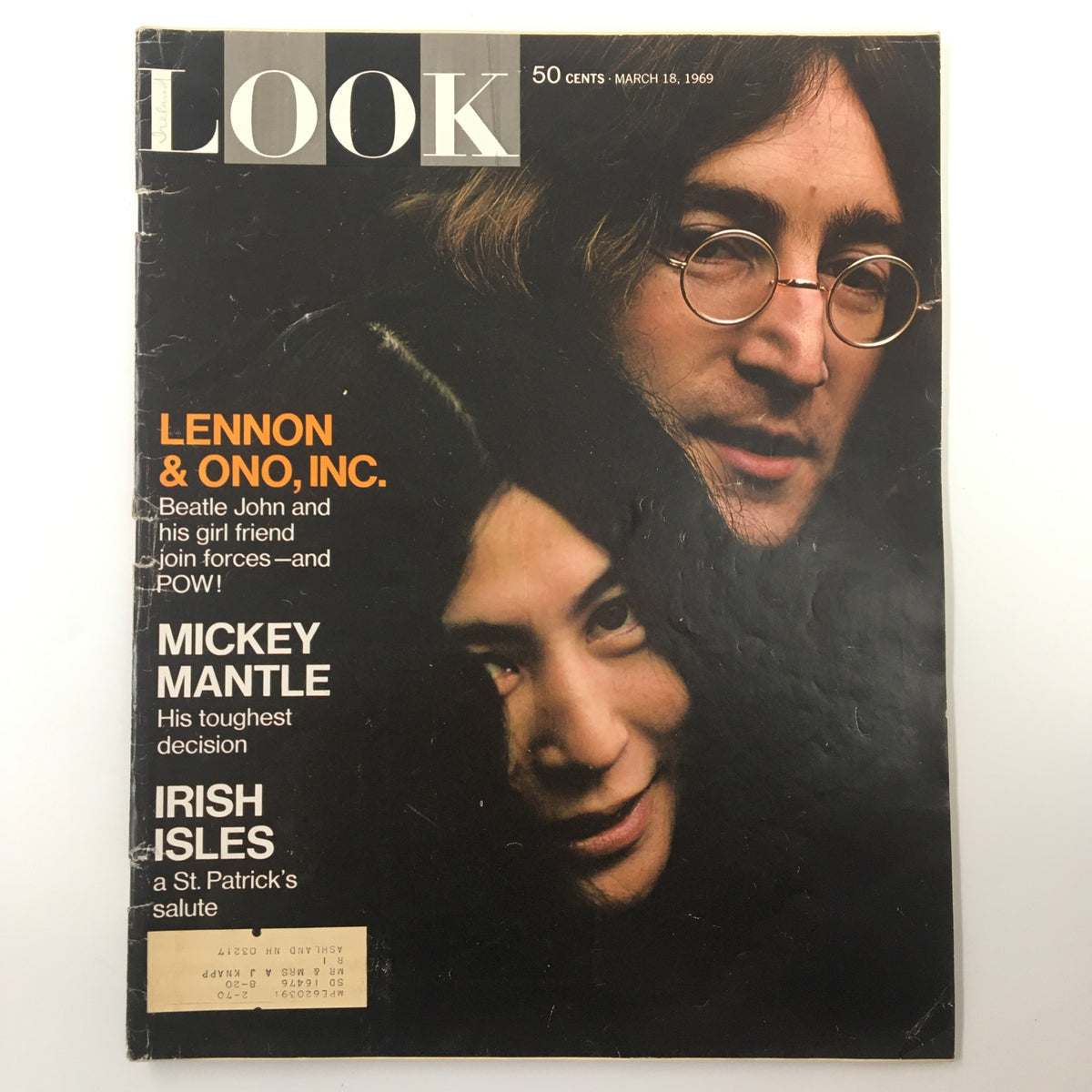 Vintage Look Magazine from March 18, 1969 featuring John Lennon and Yoko Ono on the cover, highlighting their partnership.