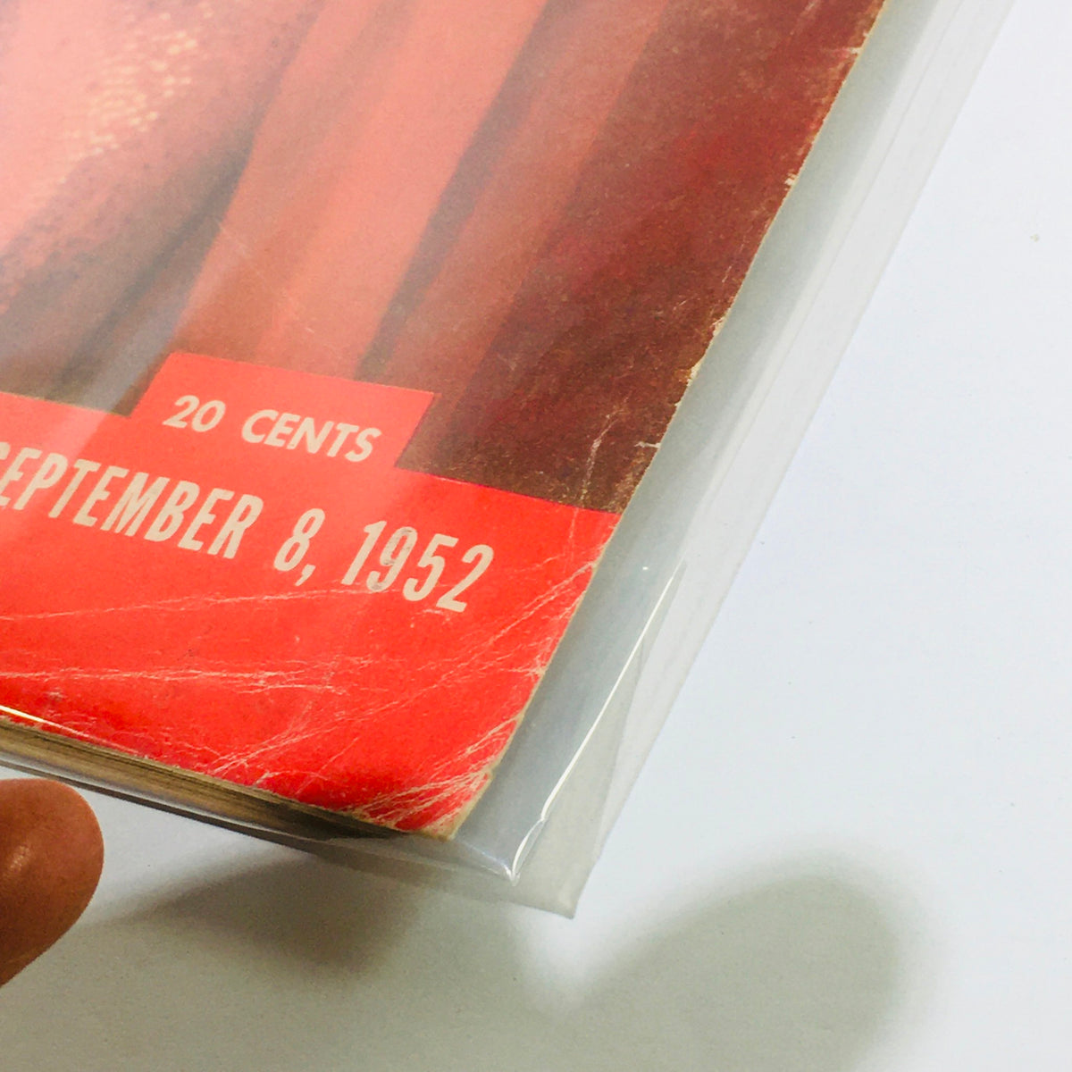 Close-up view of the VTG Life Magazine cover dated September 8, 1952, showcasing '20 Cents' pricing with protective plastic cover.