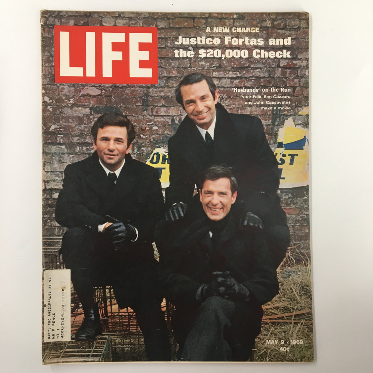 Cover of VTG Life Magazine from May 9, 1969, featuring Peter Falk, Ben Gazzara, and John Cassavetes, showcasing the iconic trio in stylish black attire against a brick backdrop.