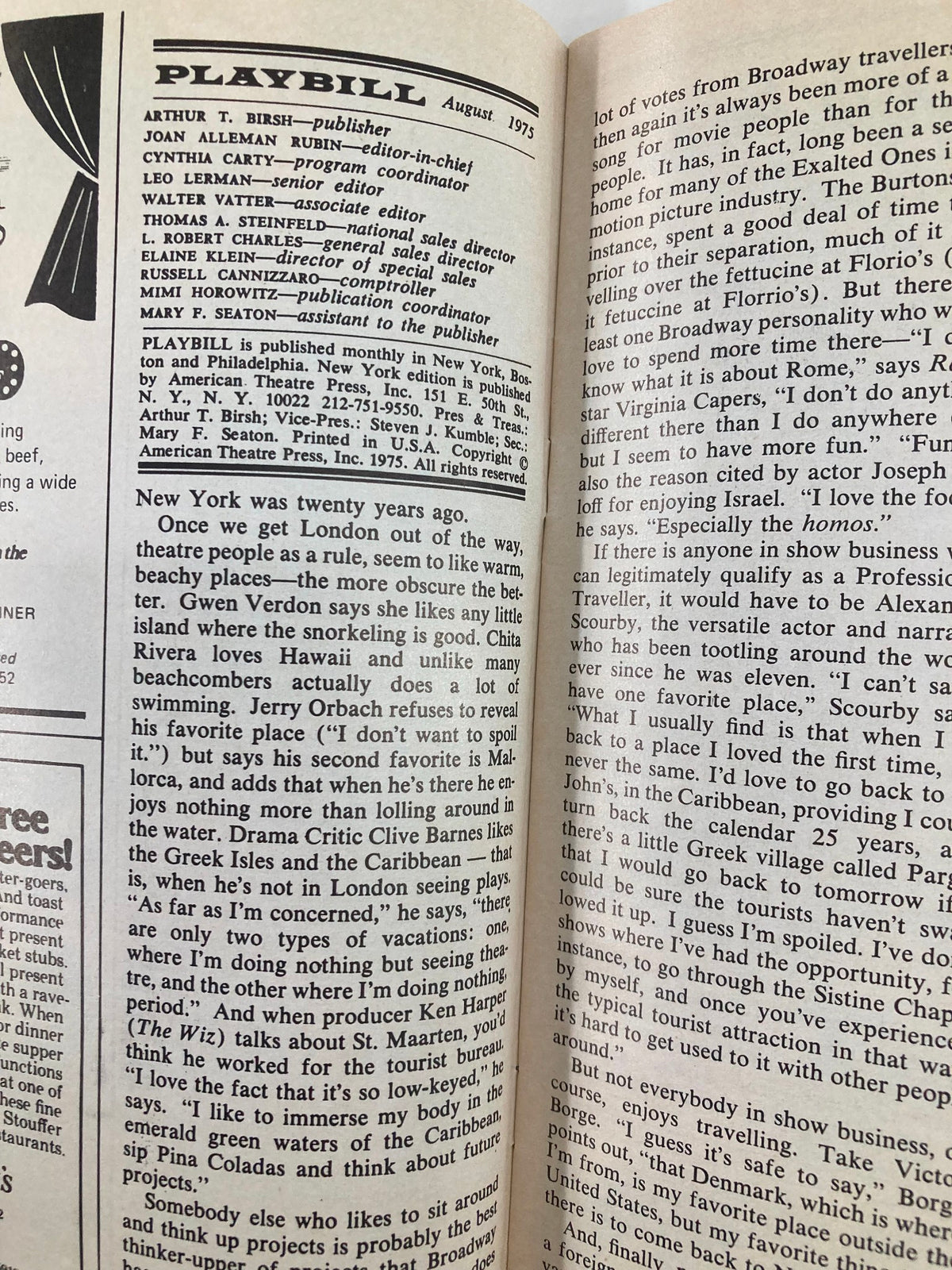 Inside page of the 1975 Playbill from Helen Hayes Theatre, featuring publisher details and a glimpse into the historical context of the Playbill.