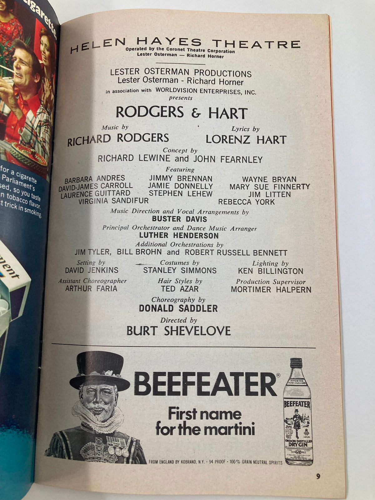 Another page from the 1975 Playbill Helen Hayes Theatre, highlighting the cast and crew of 'Rodgers & Hart', including notable names in theatre.