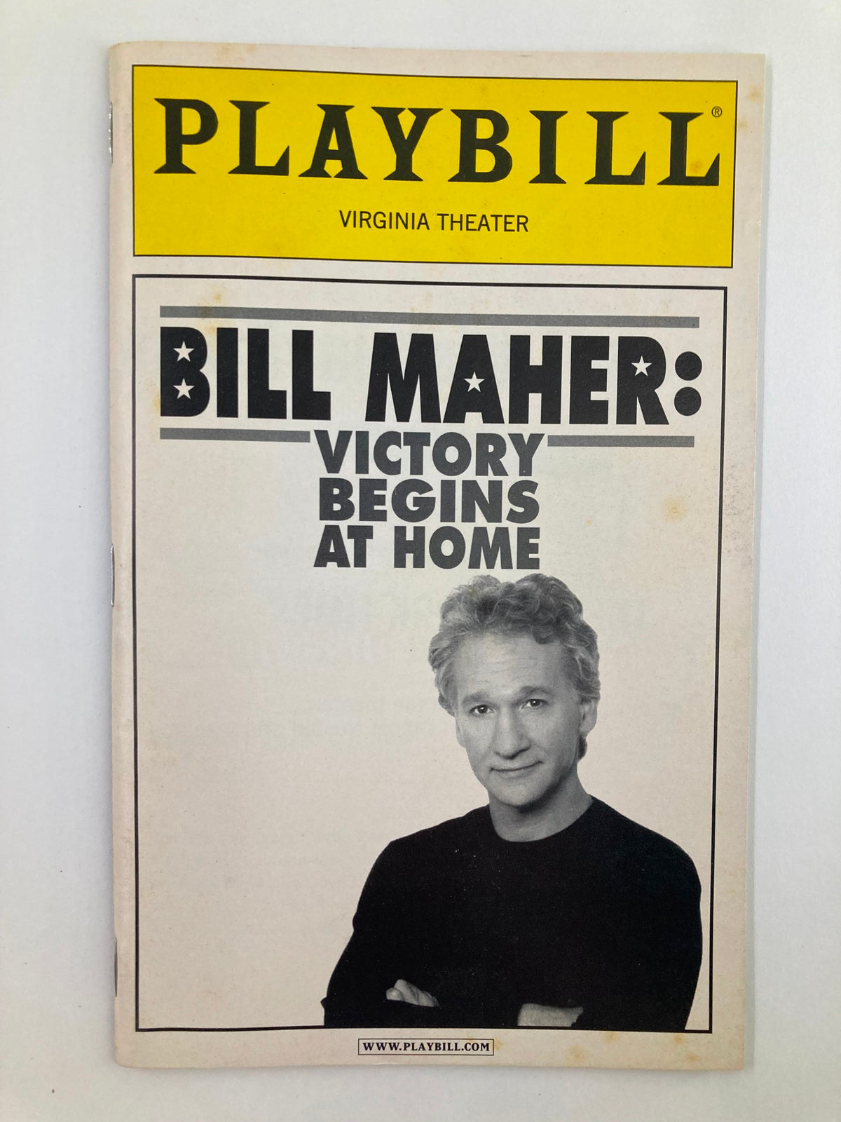 2003 Playbill for Virginia Theatre featuring Bill Maher in 'Victory Begins at Home' with a portrait of Bill Maher on the cover.
