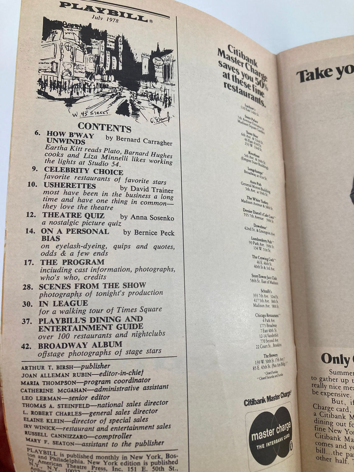 Interior page of the 1978 Playbill including the contents section, detailing features of the show On The Twentieth Century.