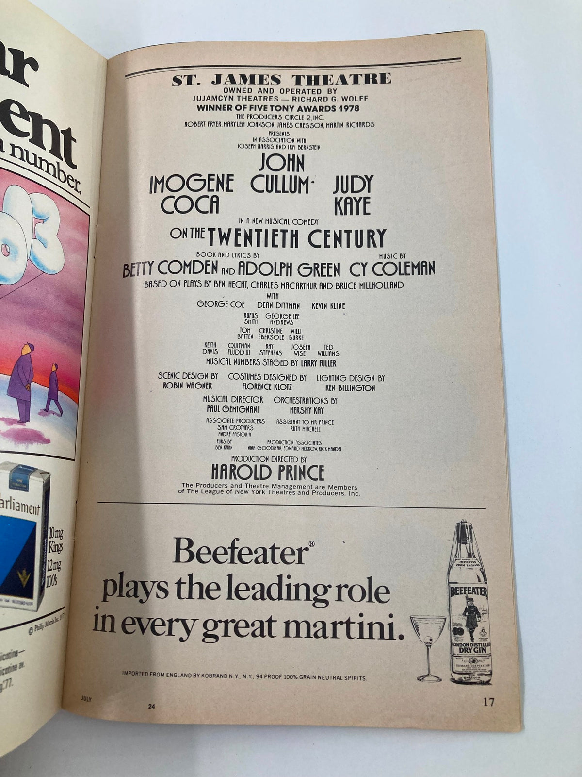 Additional interior page of the 1978 Playbill displaying the cast list and production credits for On The Twentieth Century at St. James Theatre.