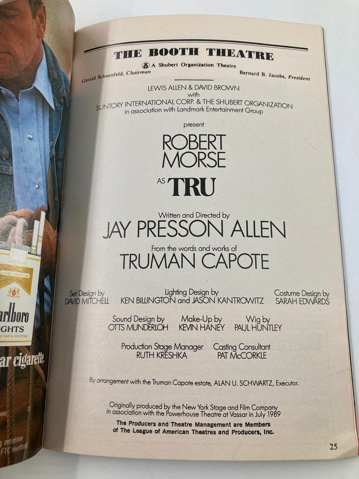 Detailed page from the 1990 Playbill for The Booth Theatre, featuring credits for Robert Morse as Tru, written and directed by Jay Presson Allen.