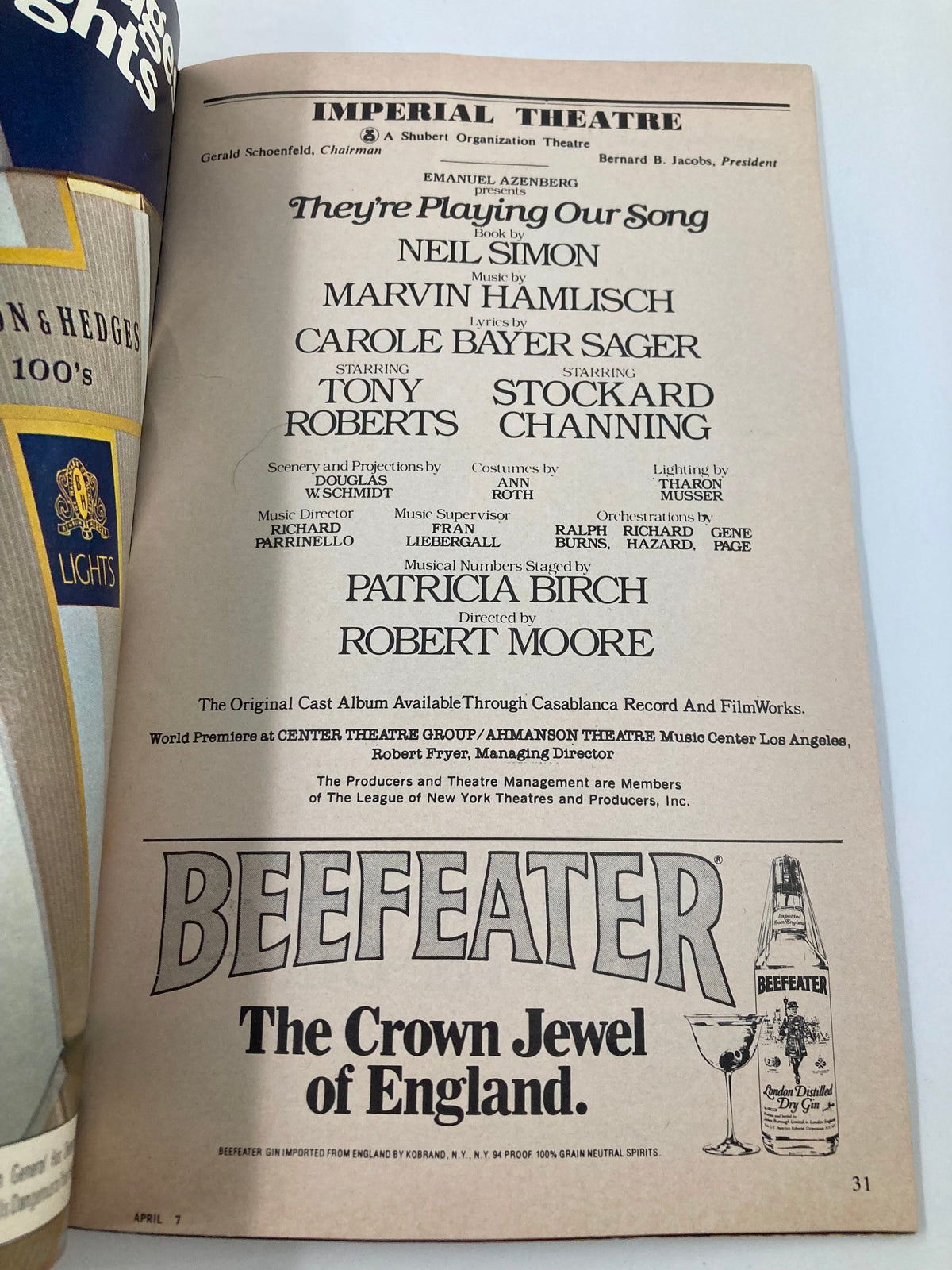 Another inside page of the 1980 'They're Playing Our Song' Playbill, featuring credits and advertisements related to the show.