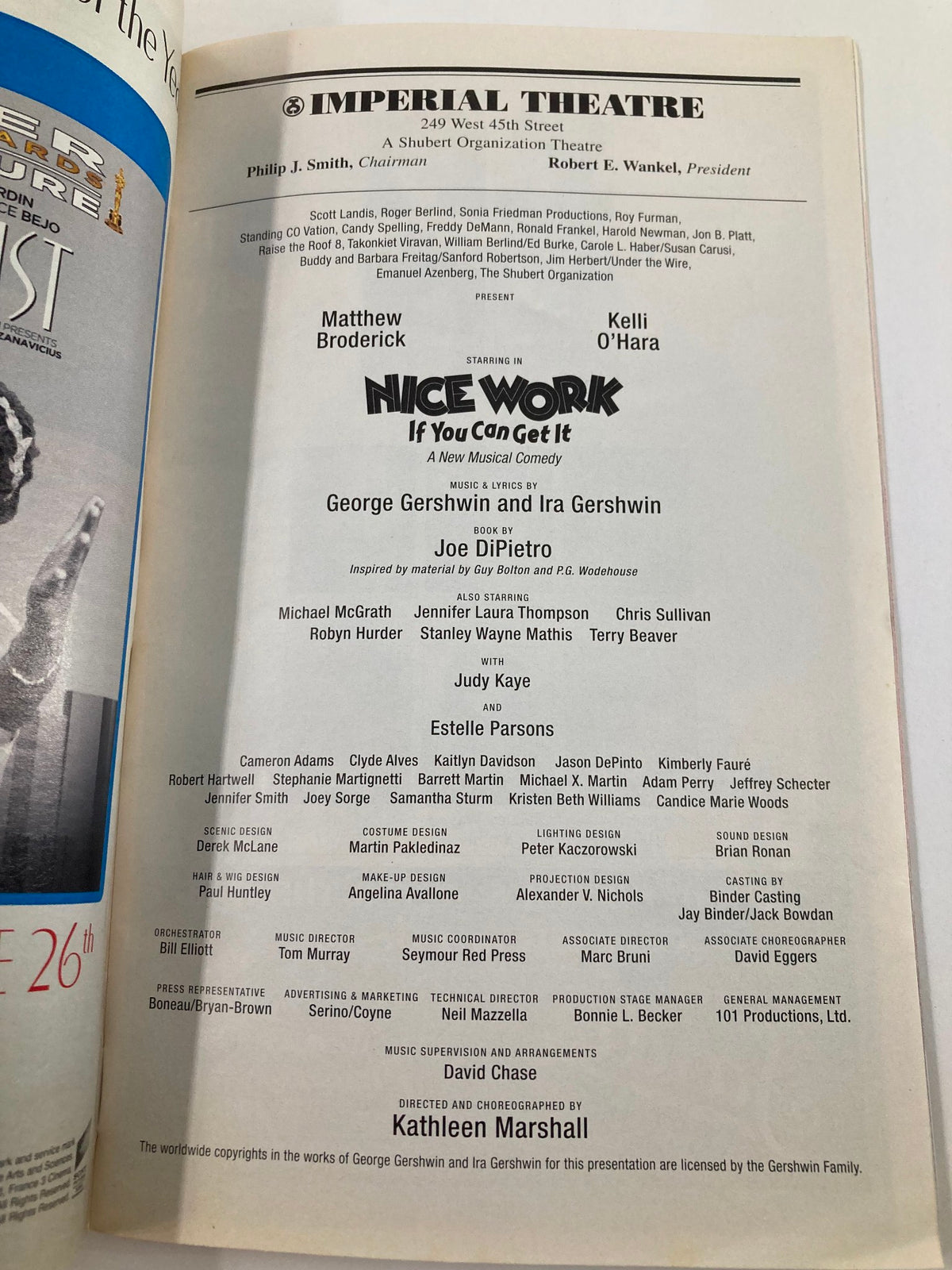2012 Playbill featuring Matthew Broderick in Nice Work If You Can Get It, showcasing cast and crew details at Imperial Theatre.