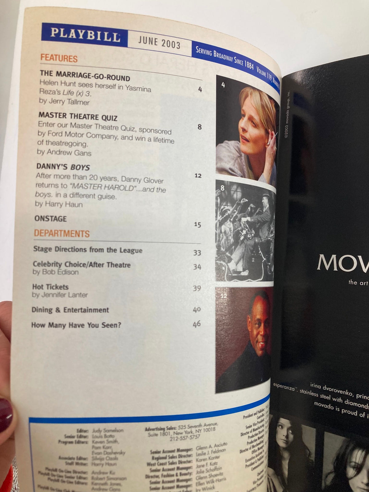 Inside page of the 2003 Playbill for 'Writer's Block' by Woody Allen, displaying details about other productions like 'The Marriage-Go-Round' and 'Master Theatre Quiz'.