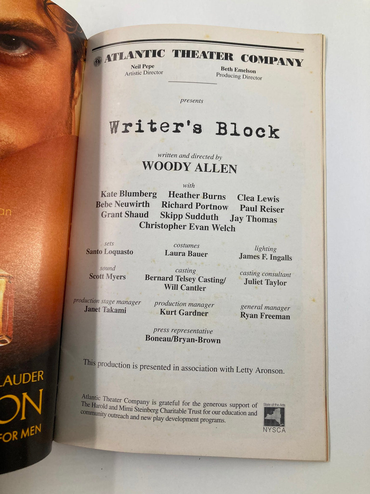 Cast and creative team page from the 2003 Playbill for 'Writer's Block' by Woody Allen, listing actors, director, and production details from the Atlantic Theater Company.