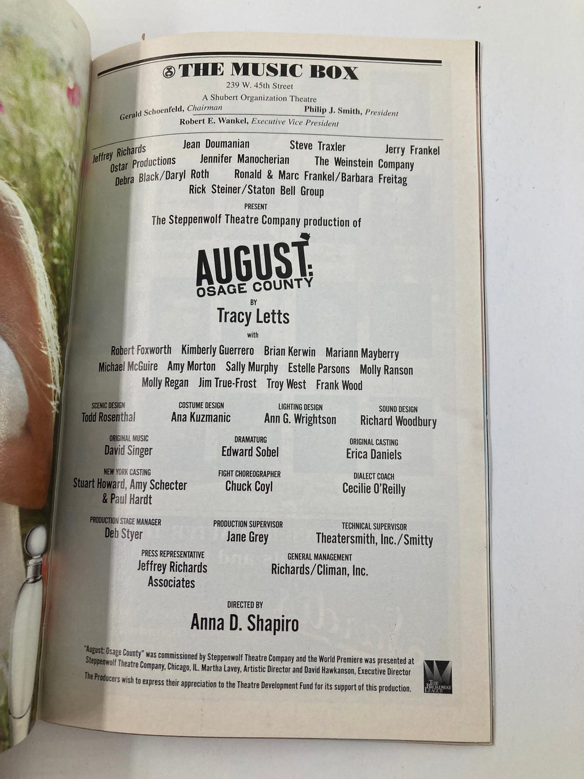 Inside page of the 2008 Playbill for The Music Box featuring cast details from the production of August: Osage County by Tracy Letts, showcasing Brian Kerwin's involvement.