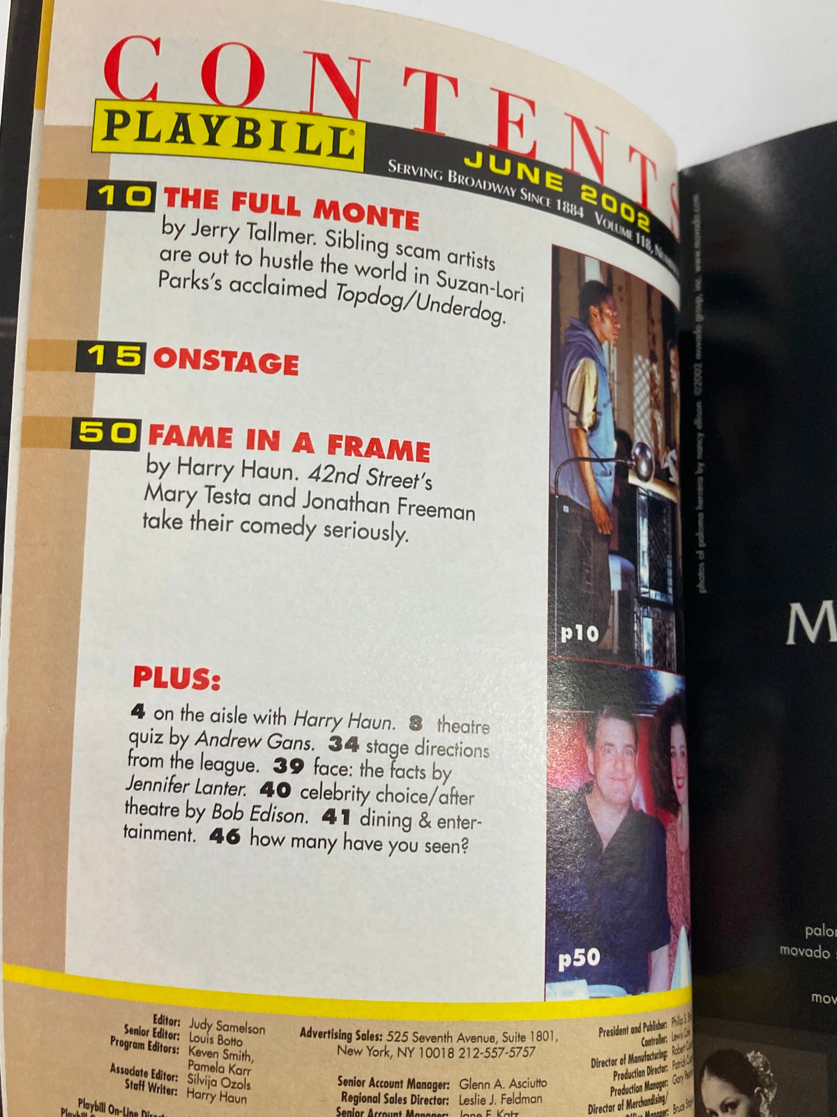 2002 Playbill from Lunt-Fontanne Theatre featuring content highlights including articles about Broadway shows, emphasizing the theater's rich history with productions like Fame in a Frame.